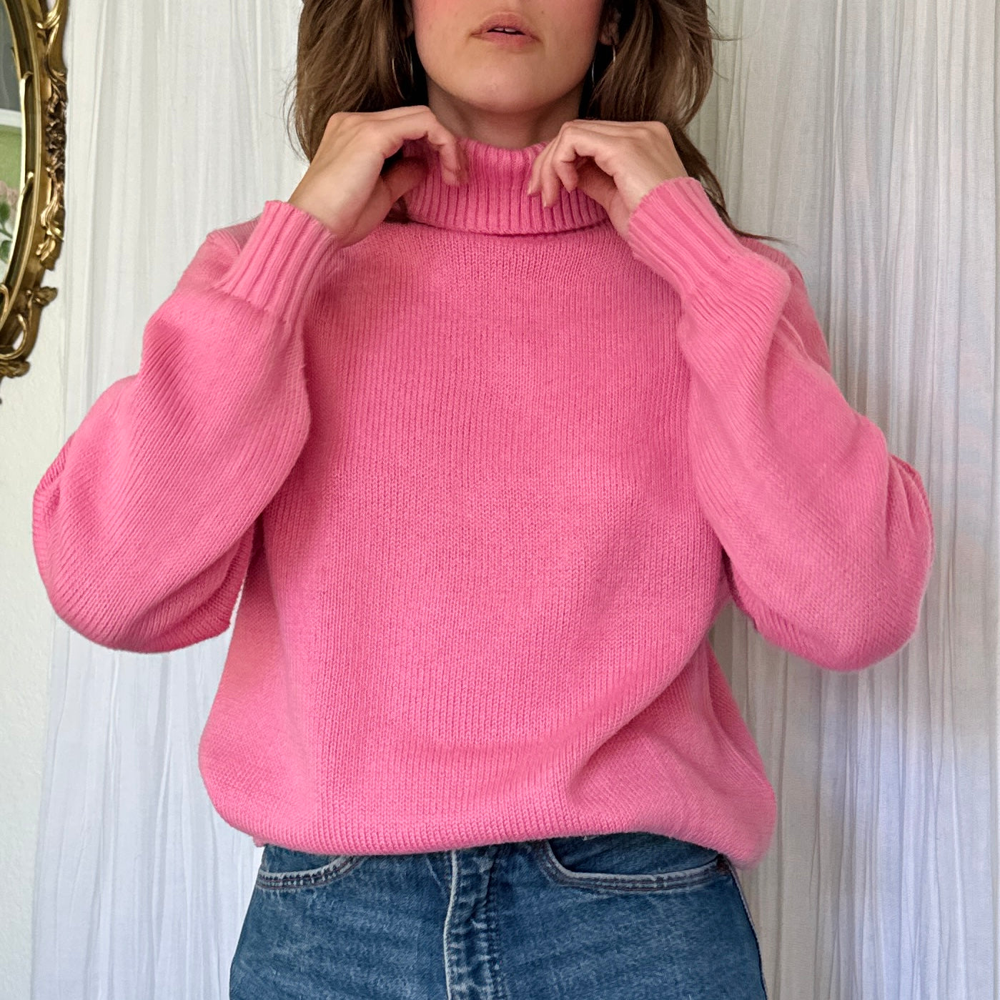 80s Barbie Pink Cotton Turtleneck Sweater