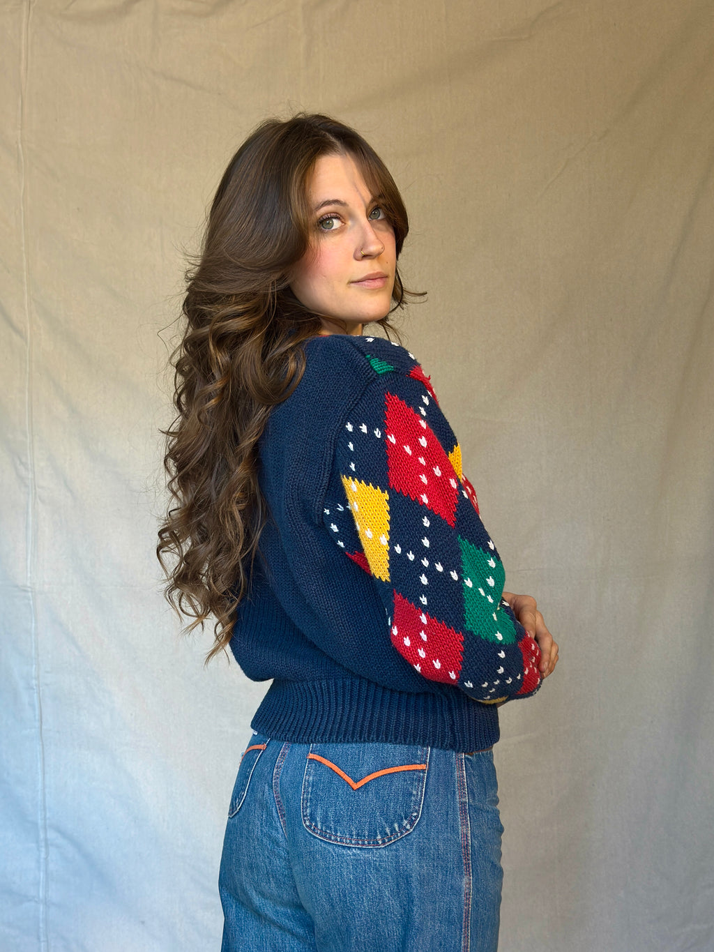 80s Chunky Blue Argyle Sweater