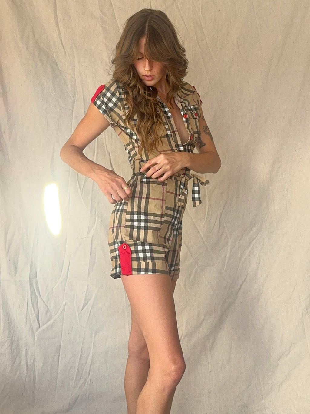 B/urberry Check Plaid Belted Button Up Romper