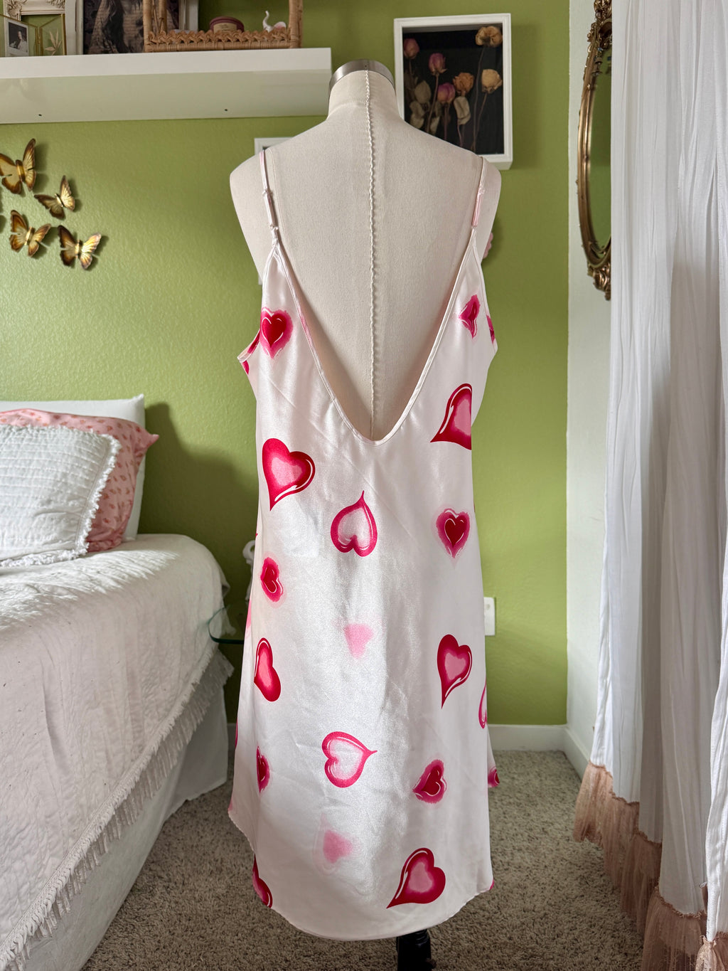 Y2K White Heart Print Satin Mini Slip Dress