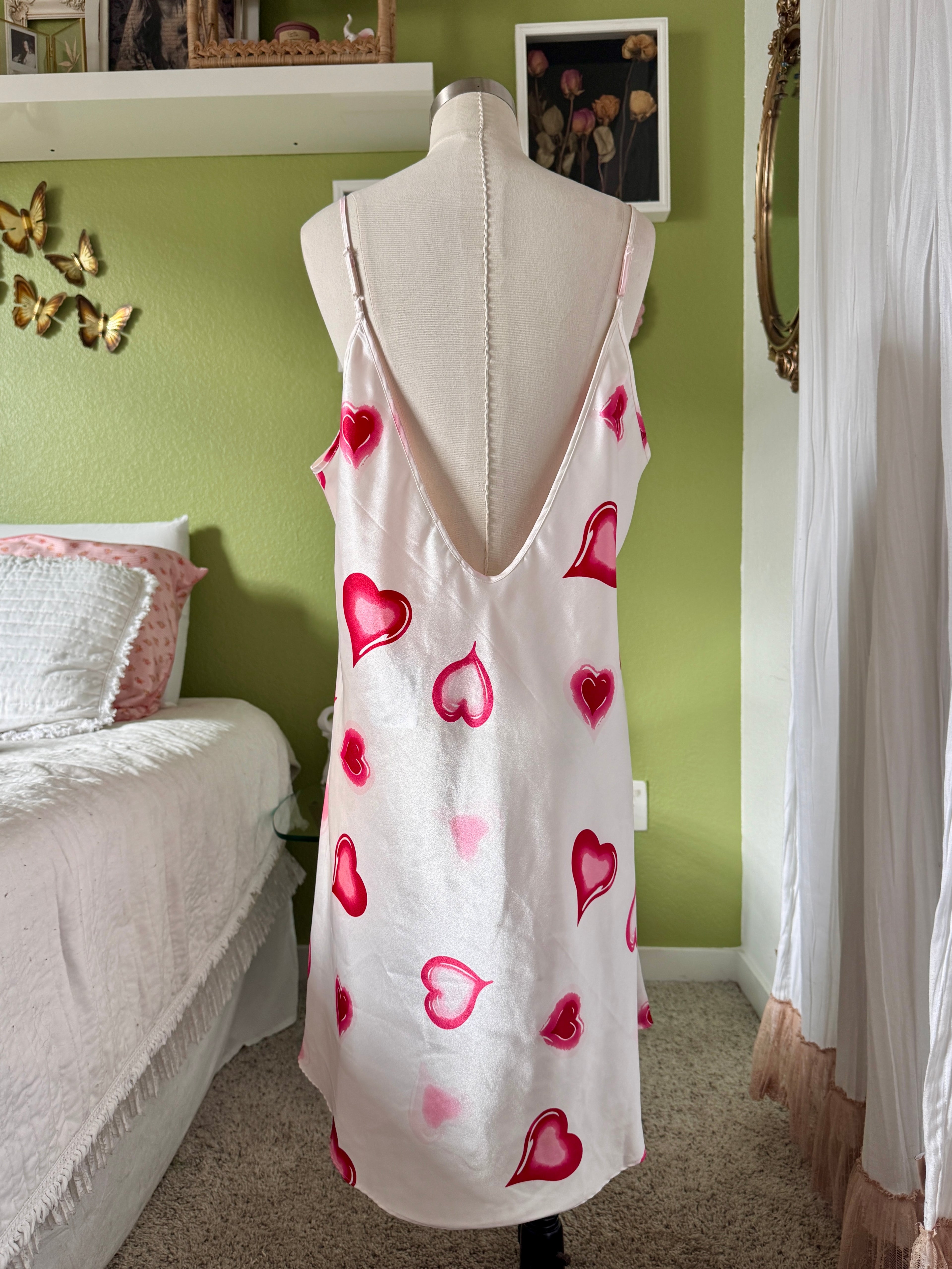 Y2K White Heart Print Satin Mini Slip Dress