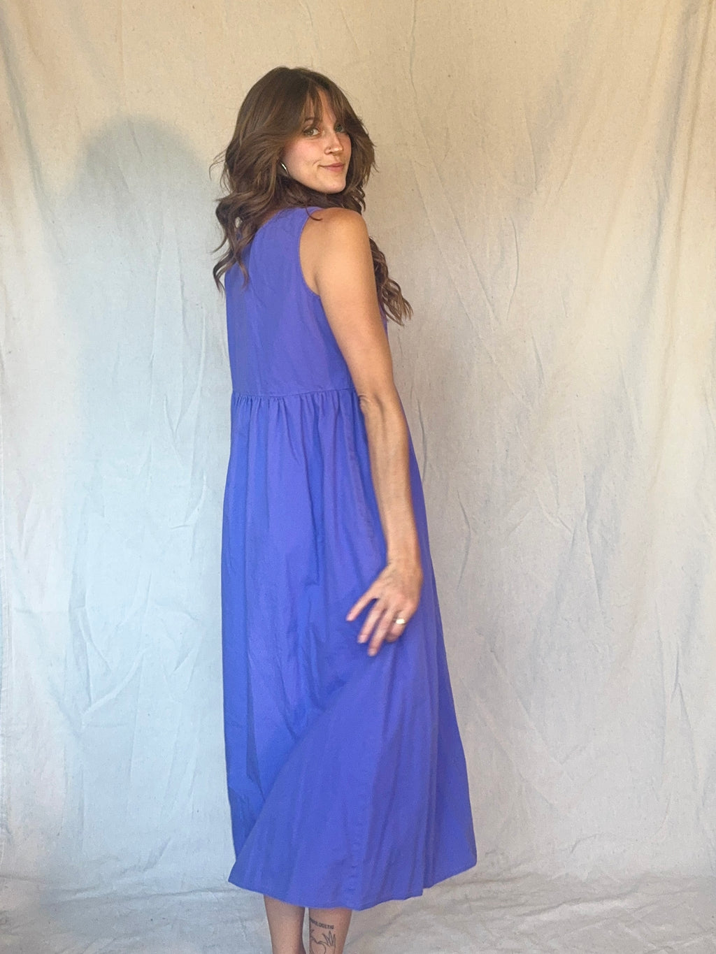 80s Periwinkle Purple Cotton Button Up Pinafore Jumper Dress