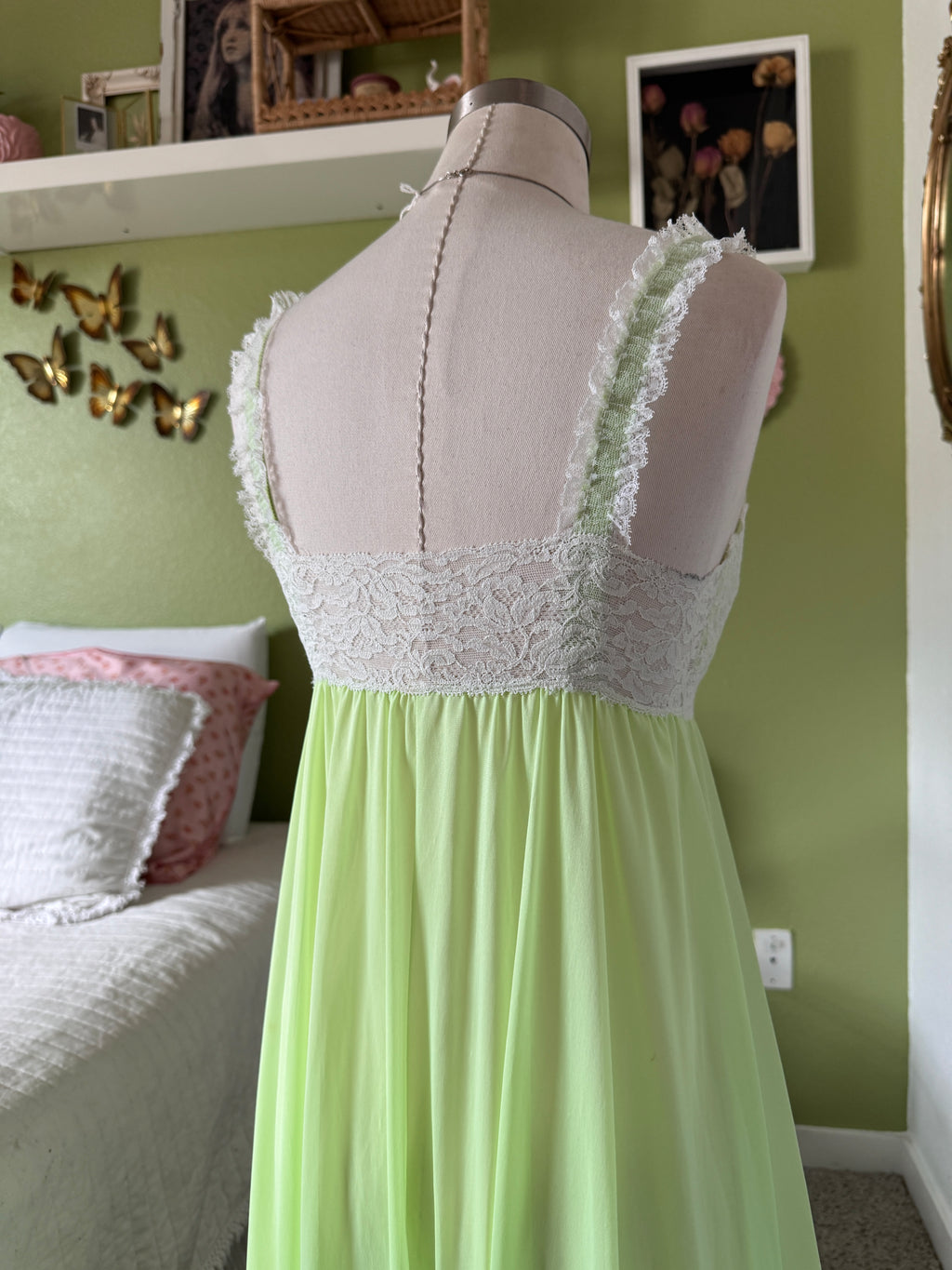 60s/70s Key Lime Green Nylon Lace Neglige Slip Dress