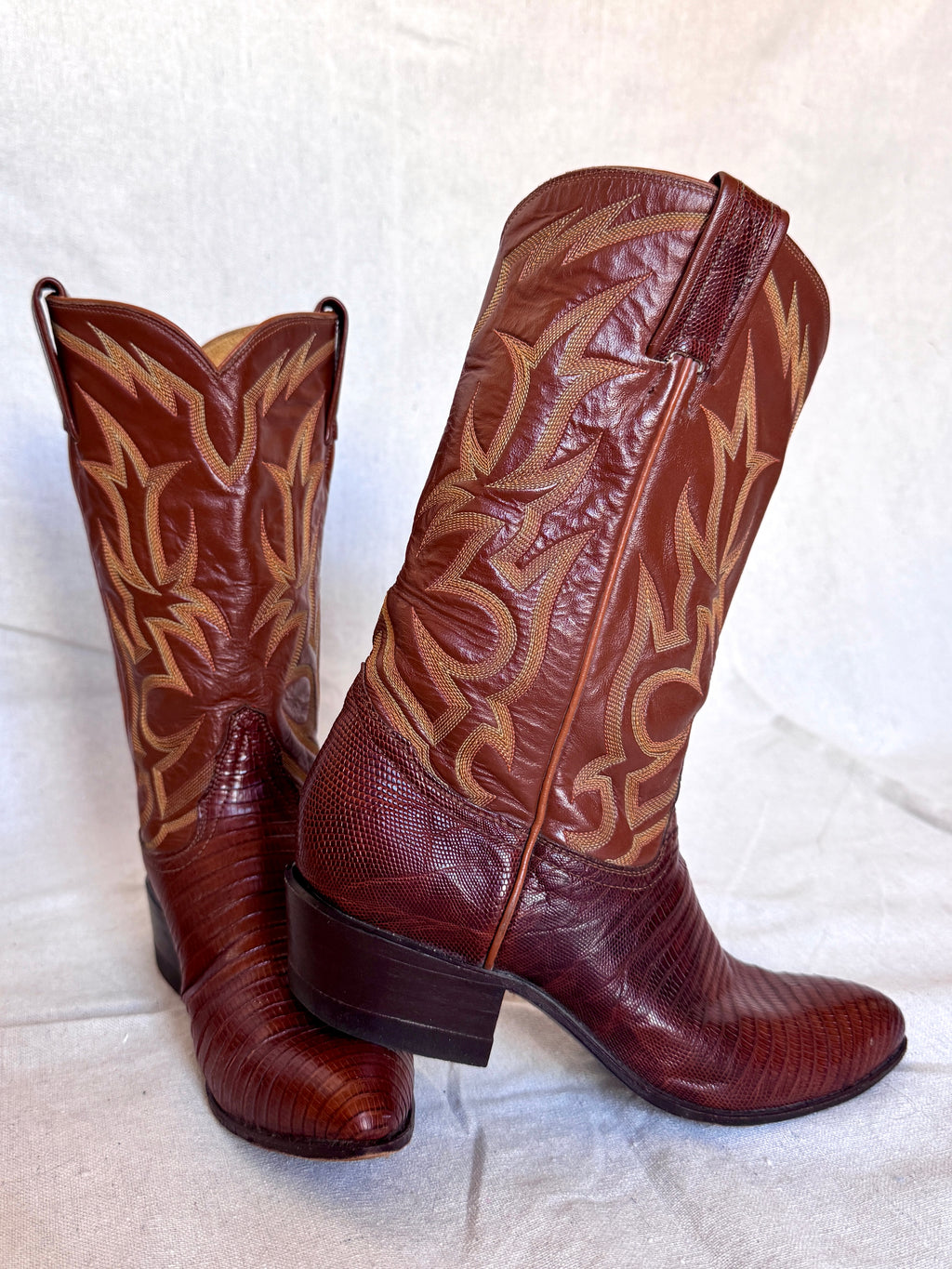 Vintage Brown Lizard Leather Stitched Tony Lama Cowboy Boots