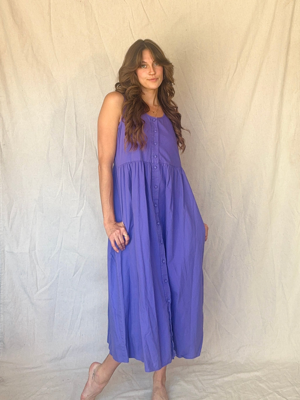80s Periwinkle Purple Cotton Button Up Pinafore Jumper Dress