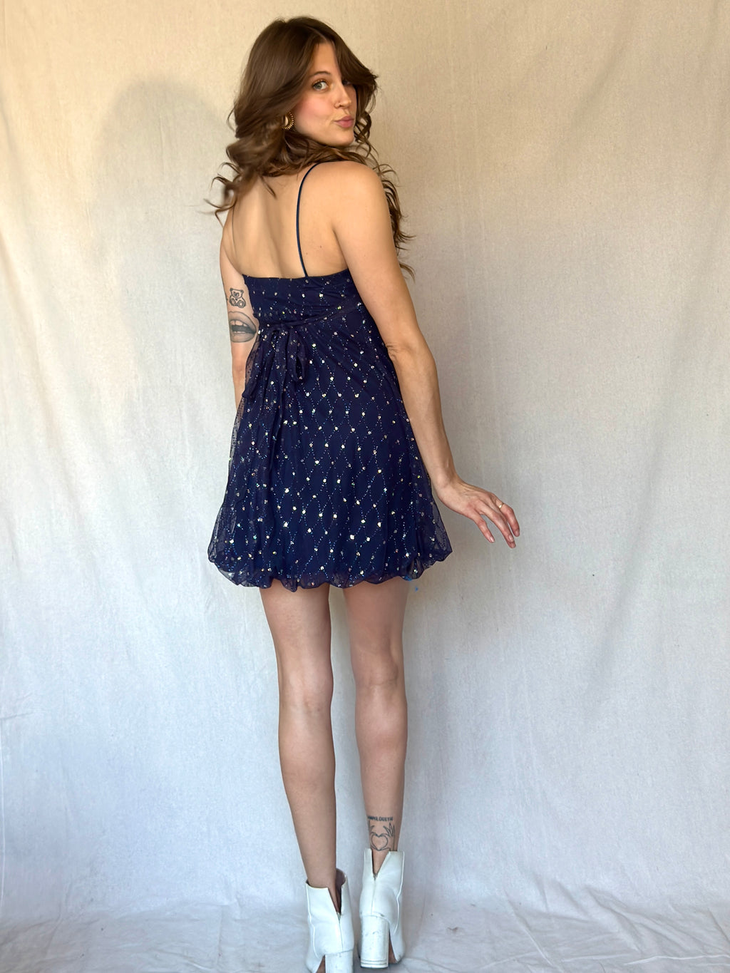 90s Strappy Navy Sequin Babydoll Dress