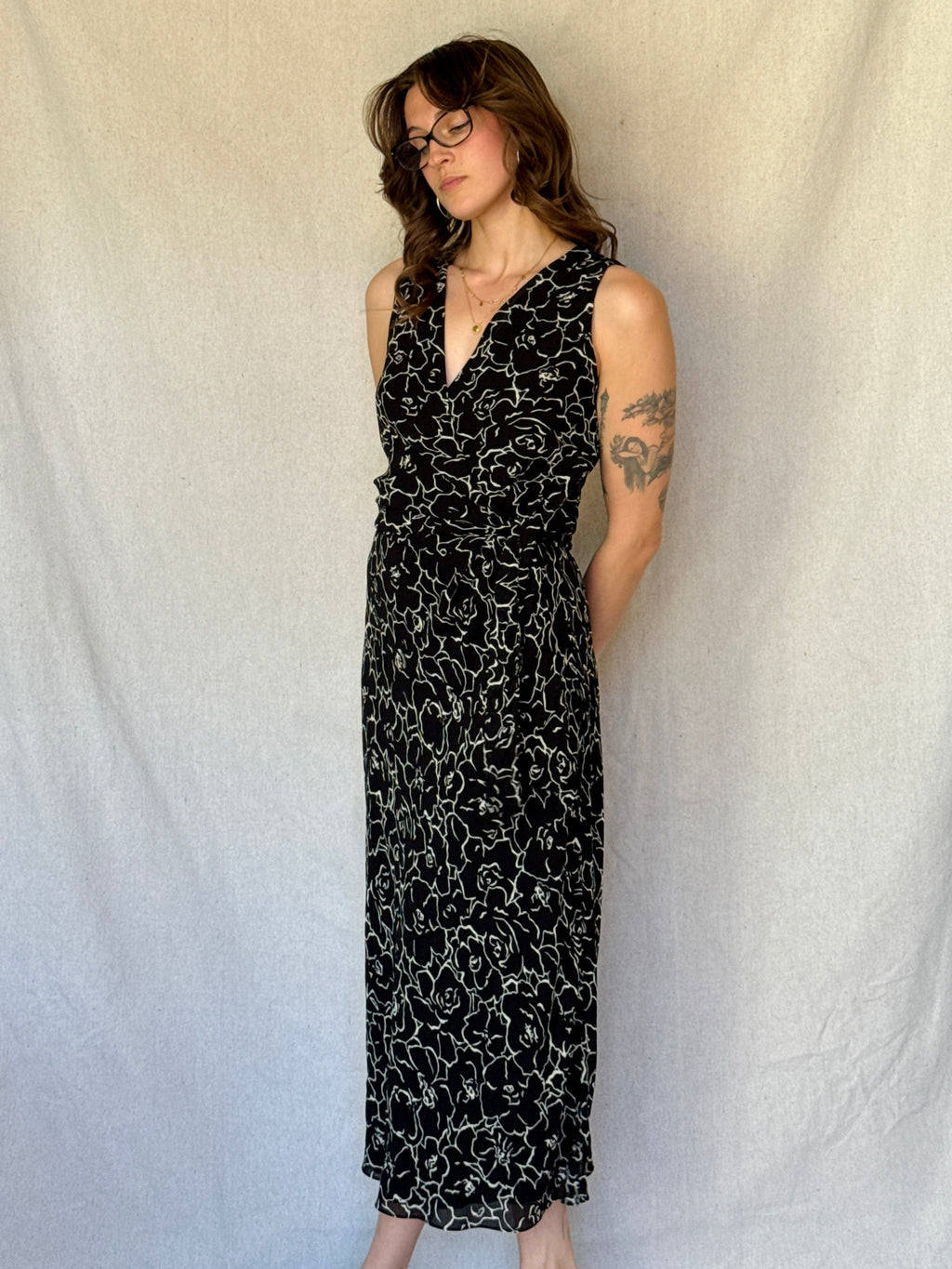 90s Black Floral Sleeveless Wrap Dress
