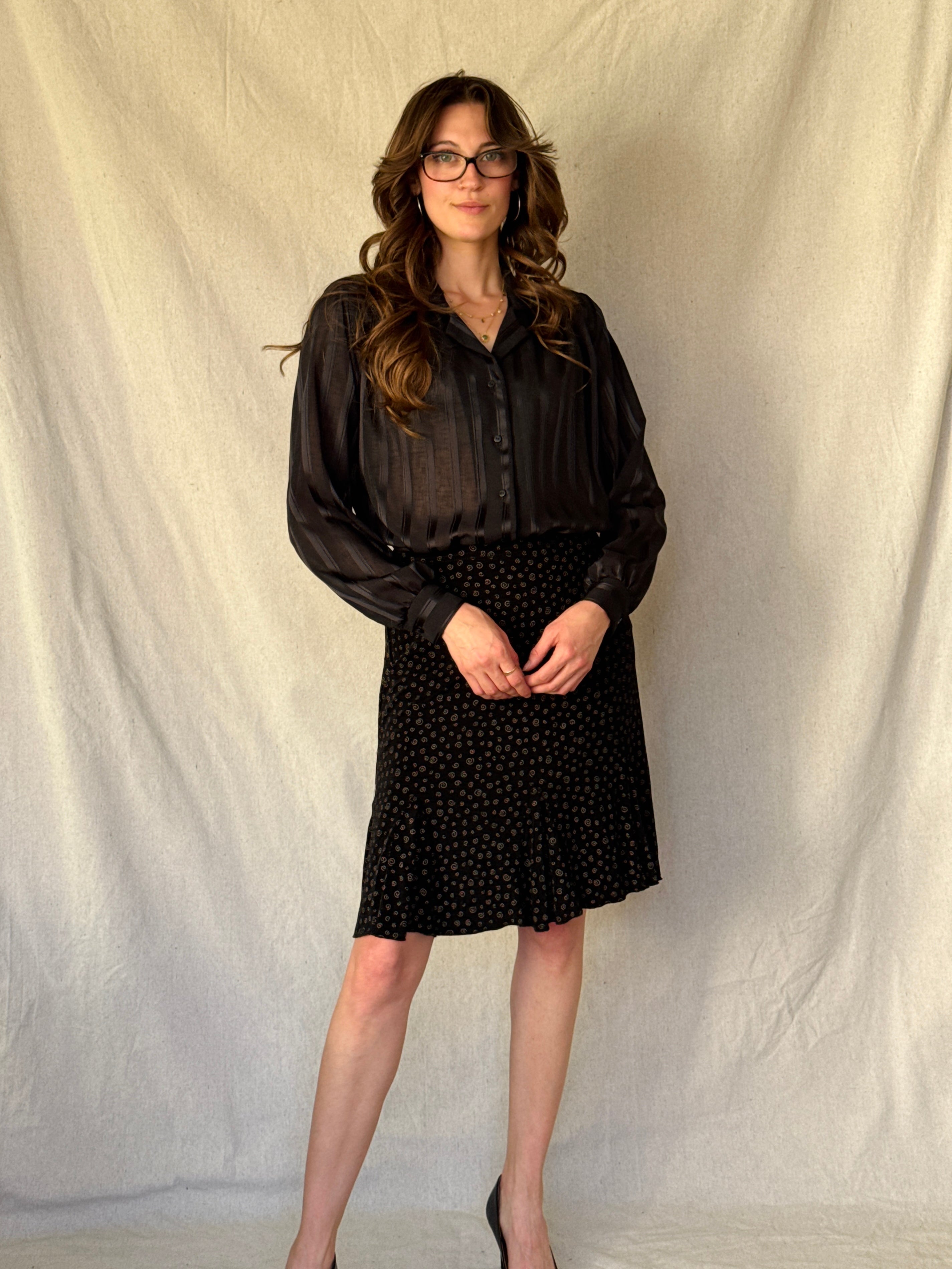 90s Black Swirl Print Midi Skirt