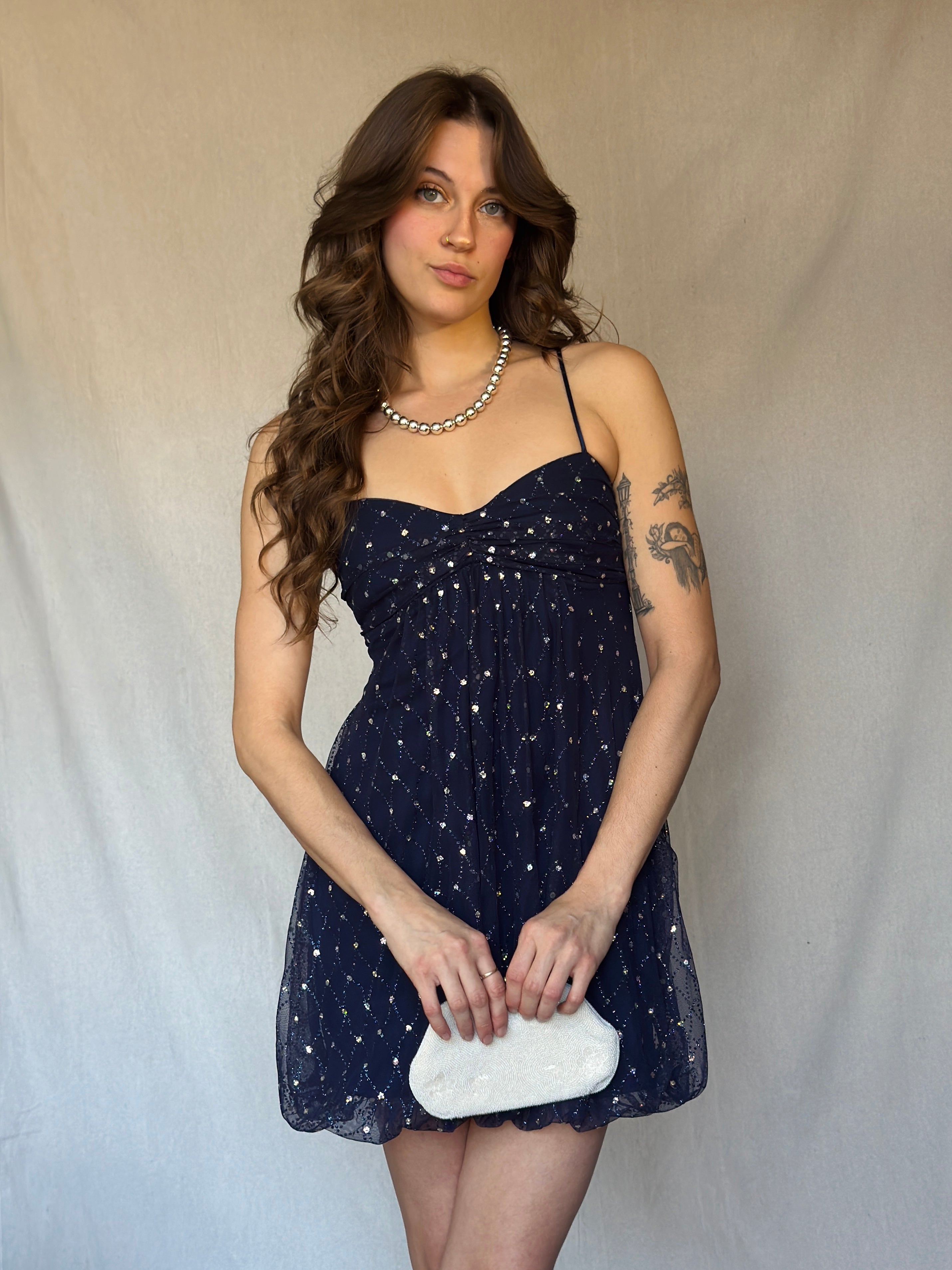 90s Strappy Navy Sequin Babydoll Dress