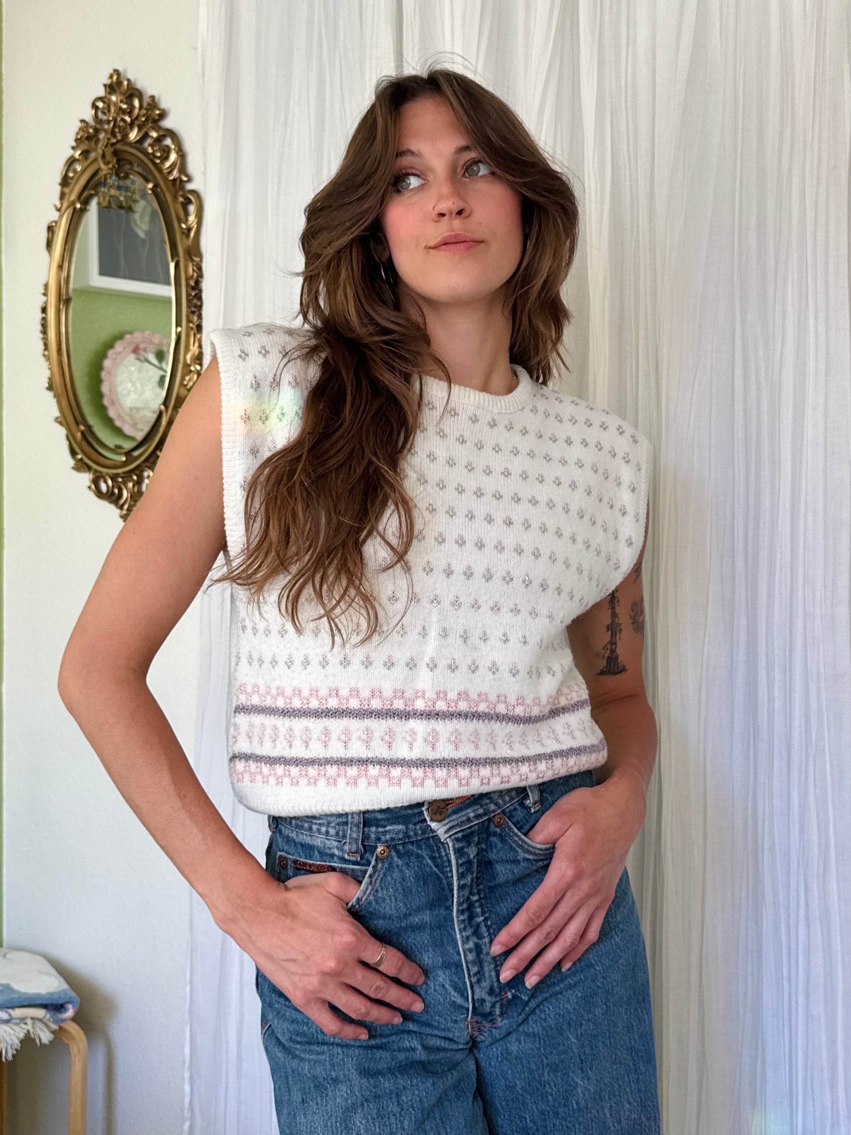 80s Cream Floral Knit Sweater Vest