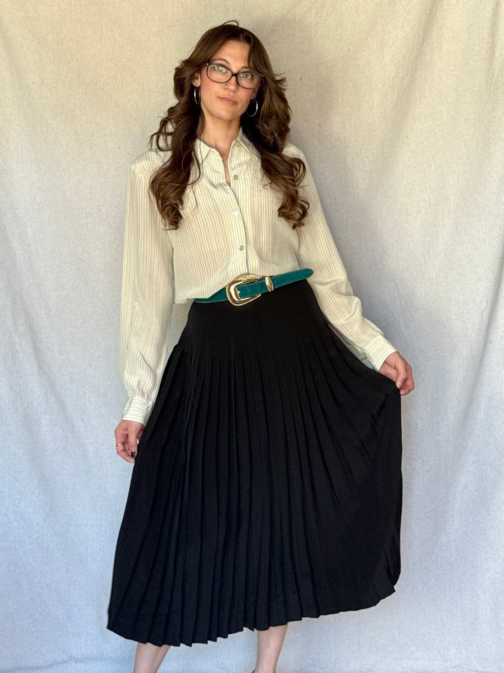 70s St. Martin Black Silk Pleated Midi Skirt
