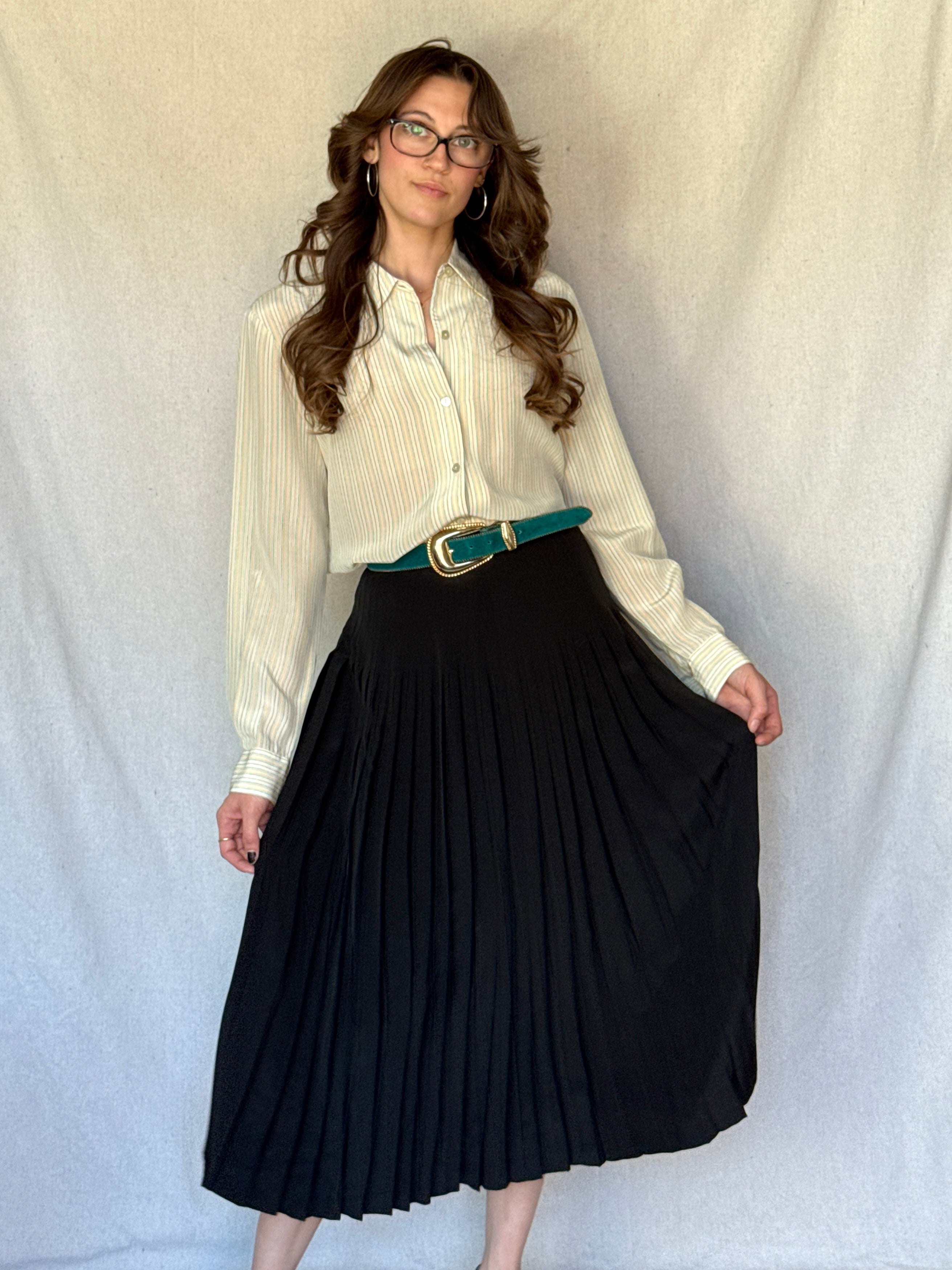 70s St. Martin Black Silk Pleated Midi Skirt