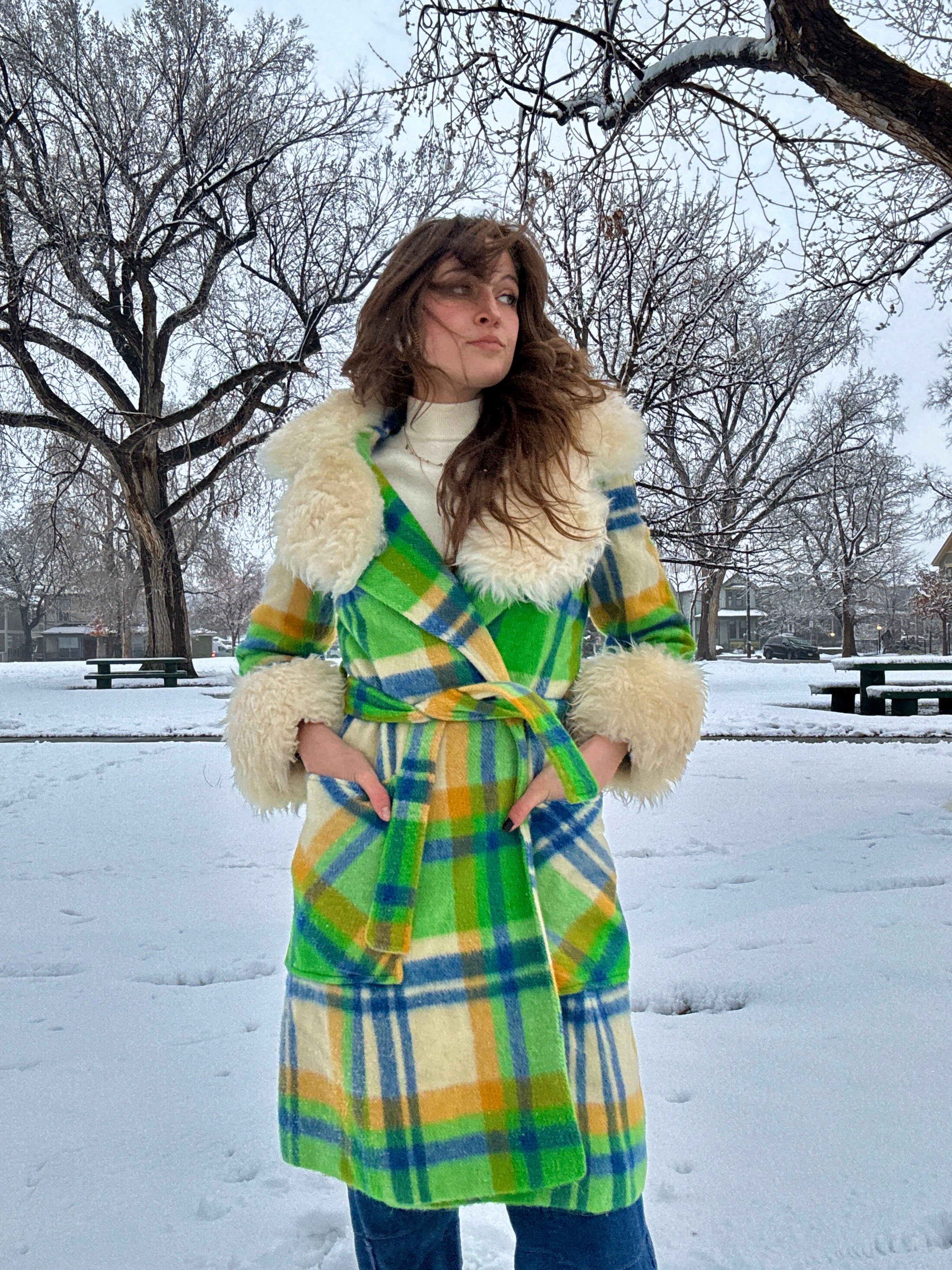 60s Union Made Green Plaid Wool Belted Coat