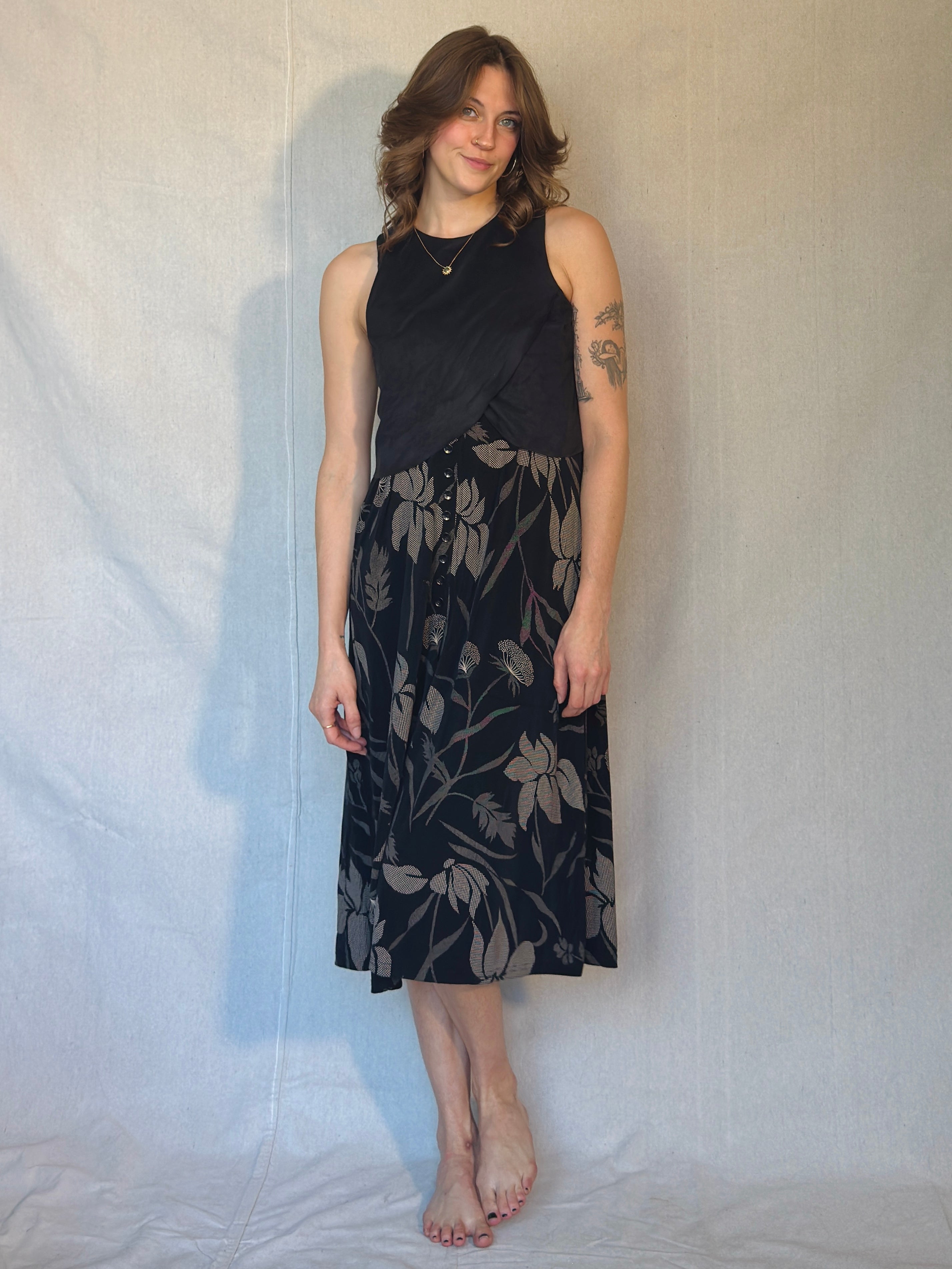 90's Black Floral Button Front Midi Skirt