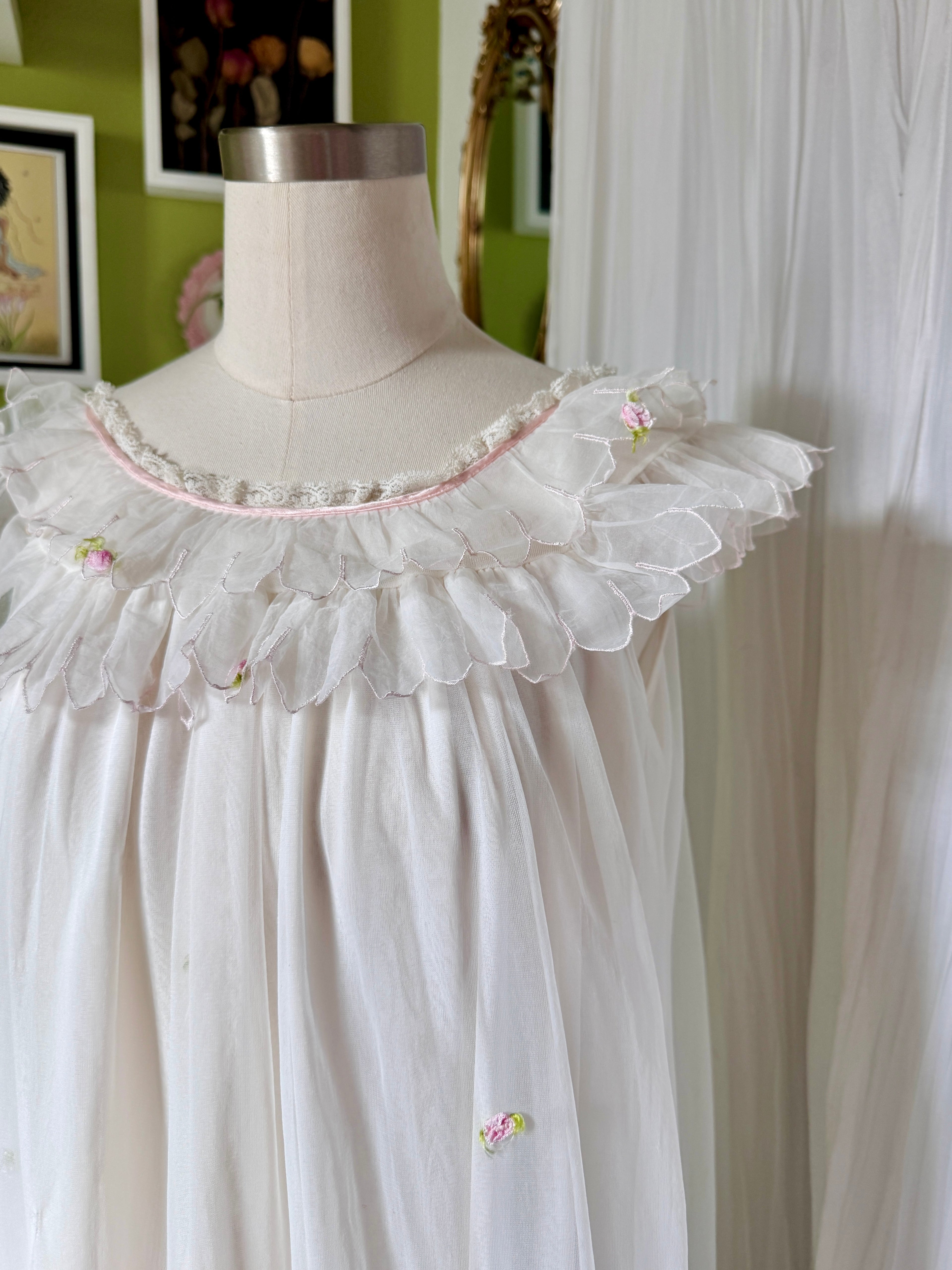 60s White Dreamy Rosette & Lace Babydoll Slip Dress