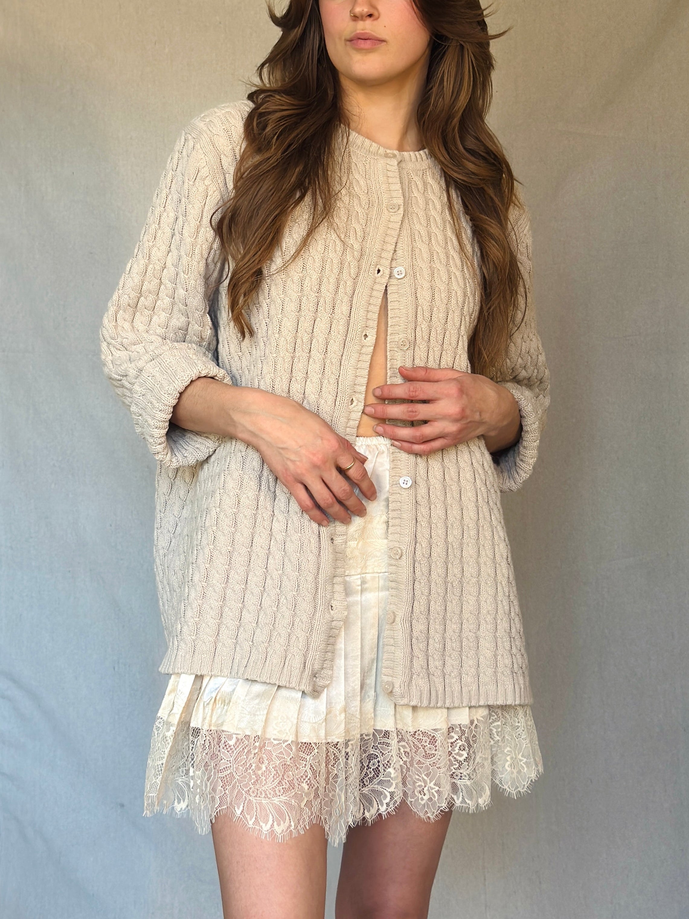 90s Light Beige Cable Knit Cardigan Sweater