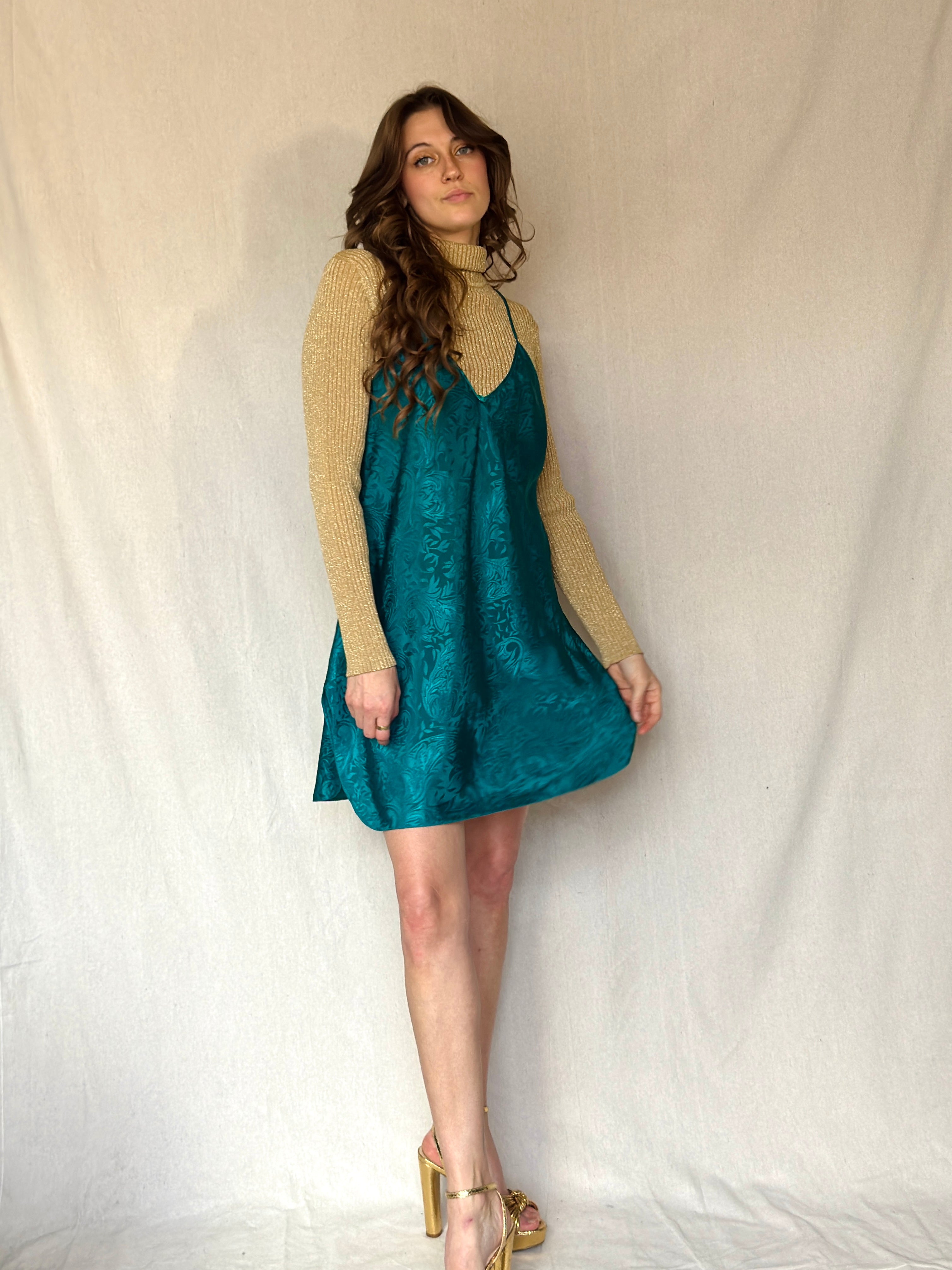 90s Jewel Tone Satin Brocade Slip Dress