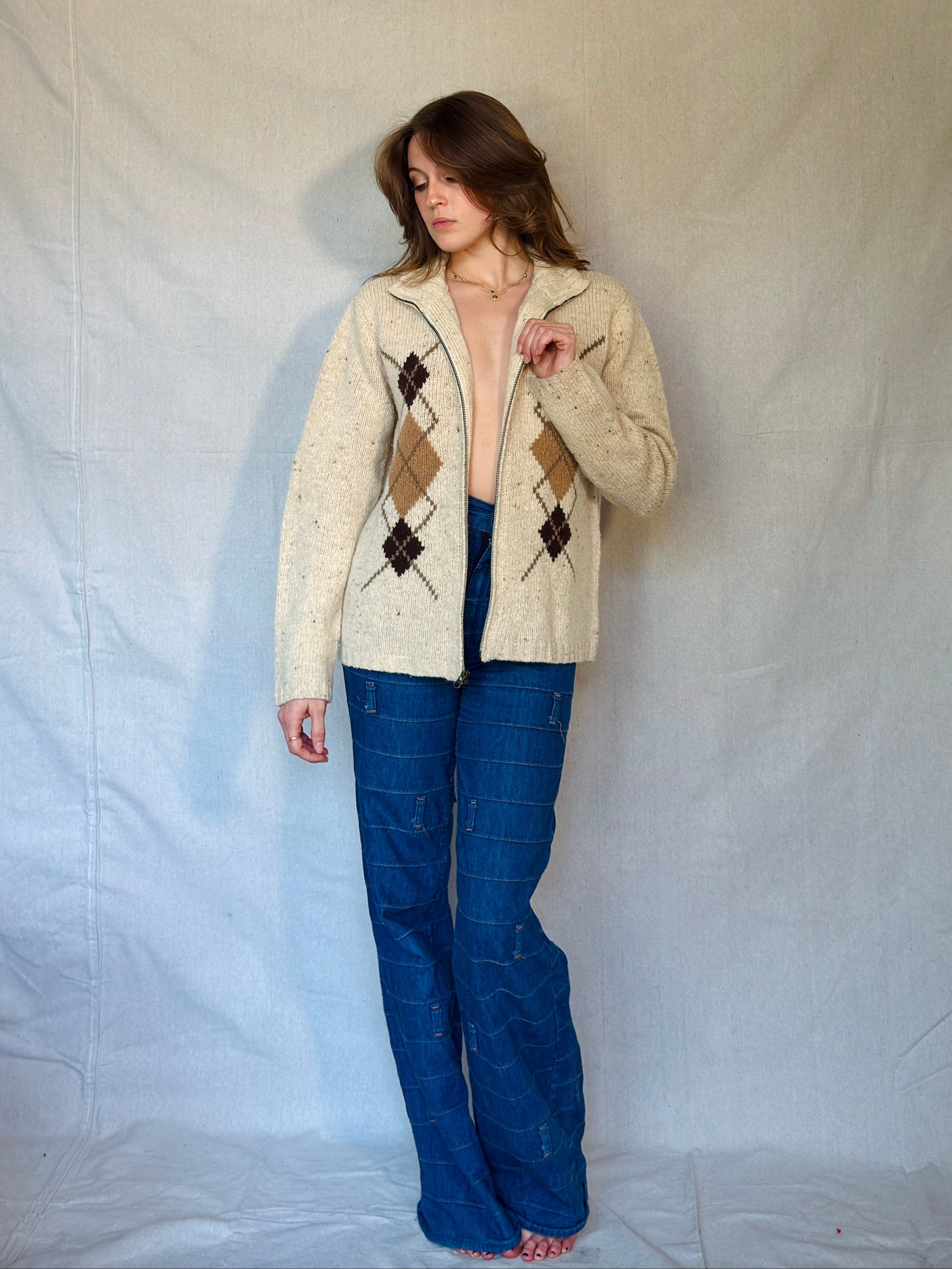 Vintage Brown Wool Argyle Sweater Cardigan