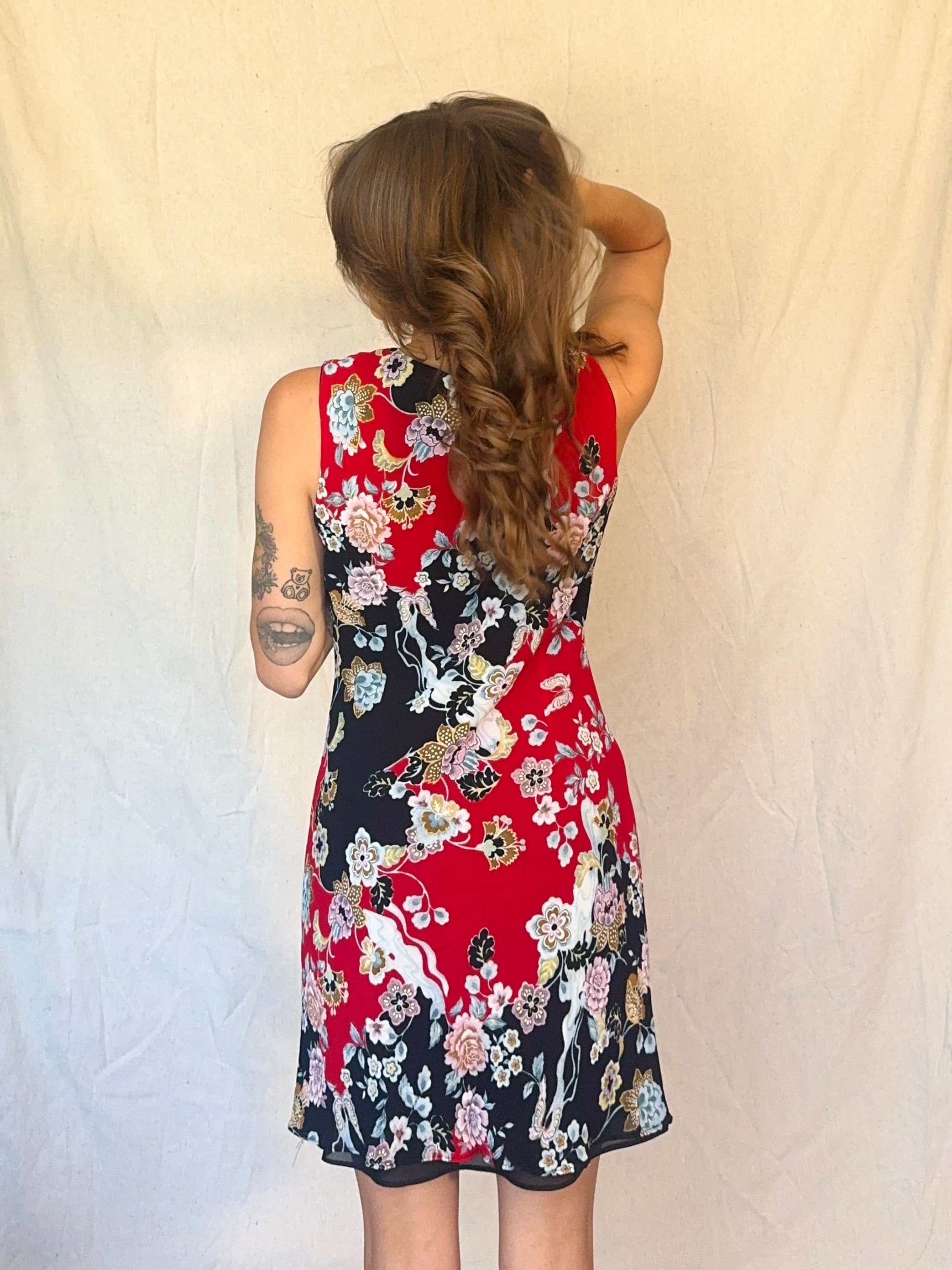 90s Black & Red Floral Butterfly Whimsigoth Chiffon Mini Dress