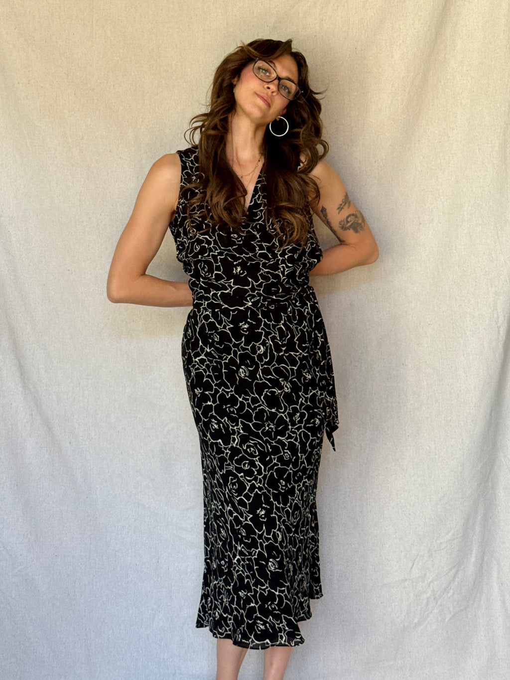 90s Black Floral Sleeveless Wrap Dress