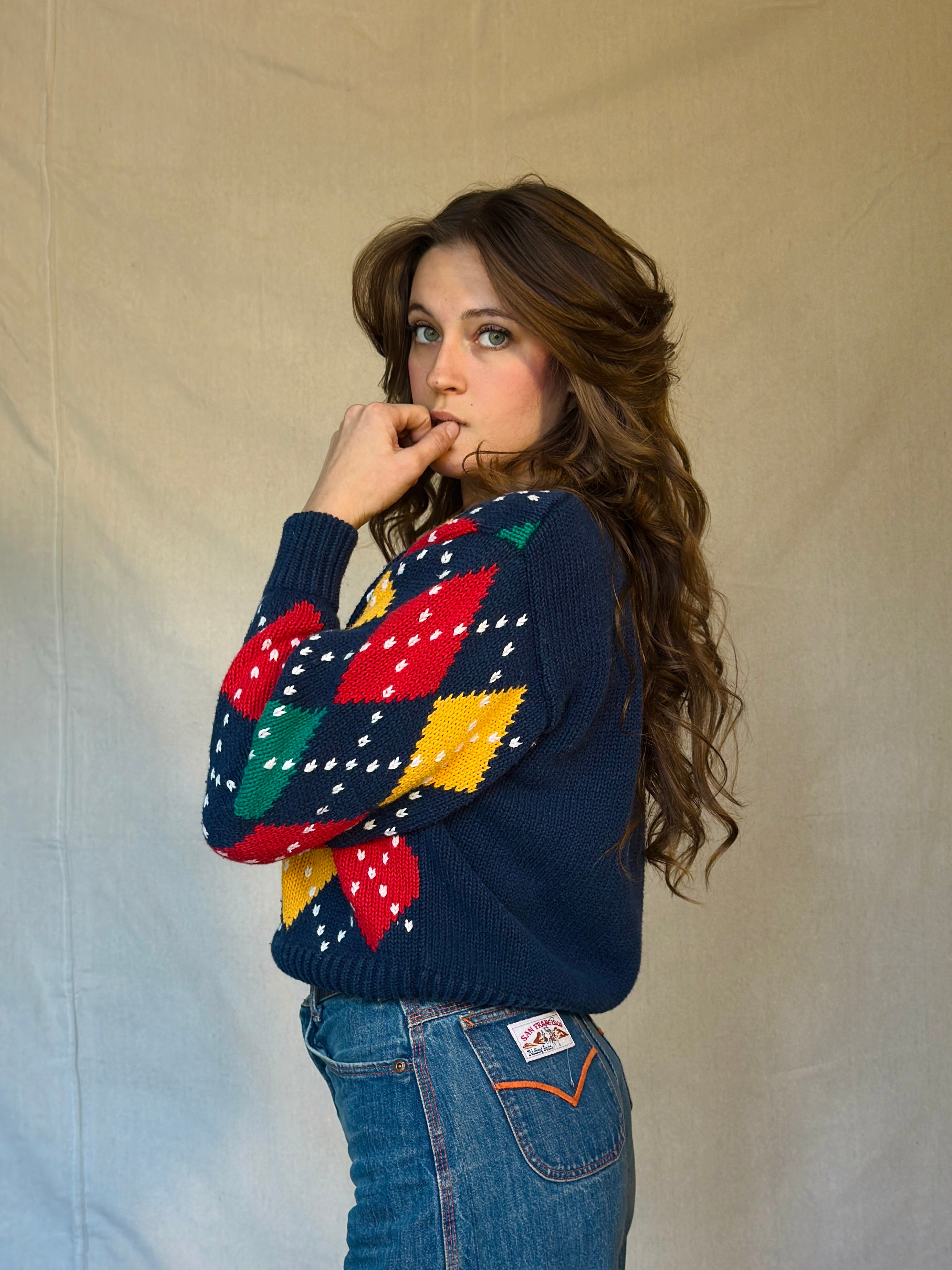 80s Chunky Blue Argyle Sweater