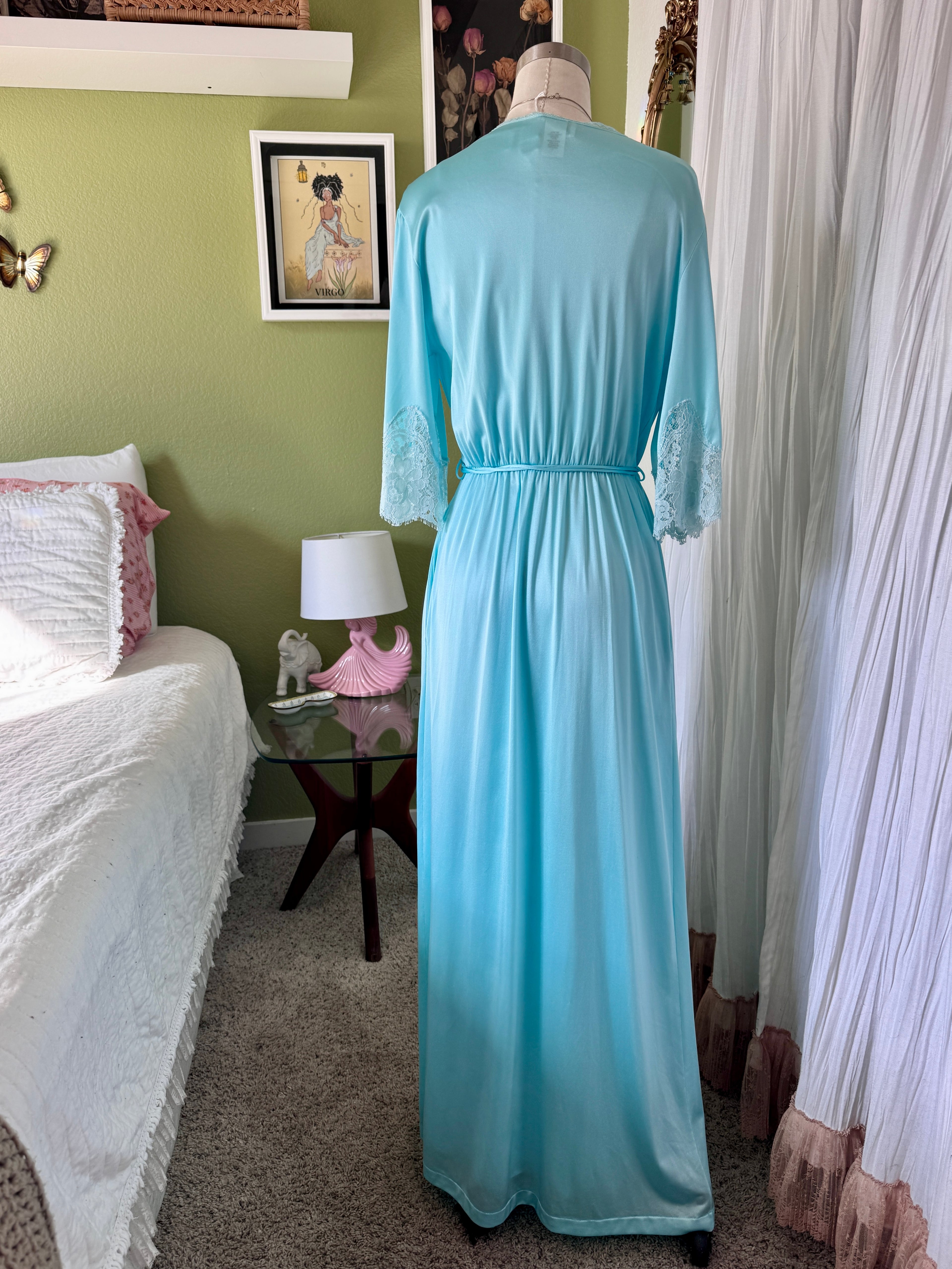 70s Turquoise Blue Nylon Neglige & Peignoir Set