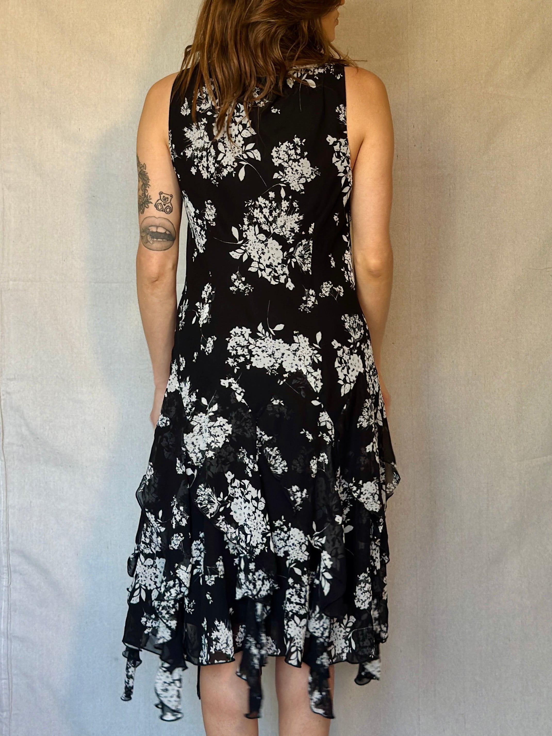 Vintage Black & White Floral Ruffle Dress