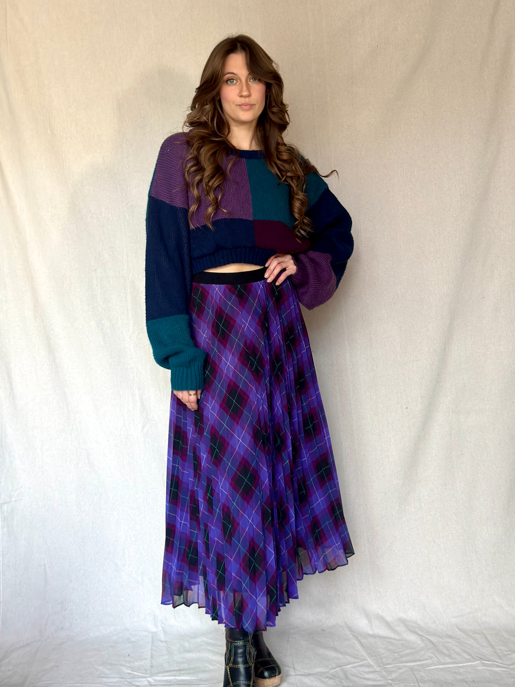 Y2K Purple Argyle Print Pleated Maxi Skirt