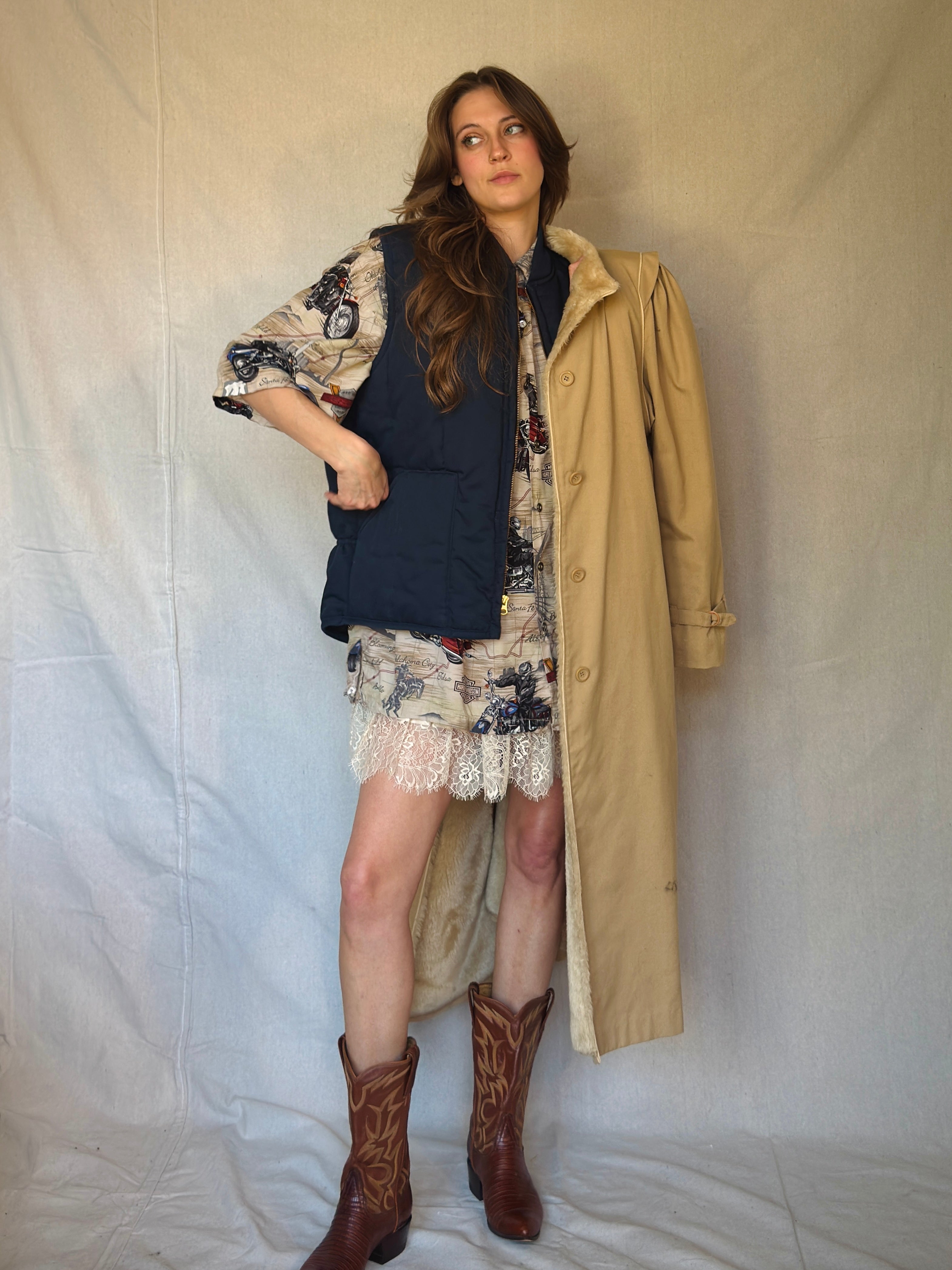 70s Tan Faux Shearling Trench Coat