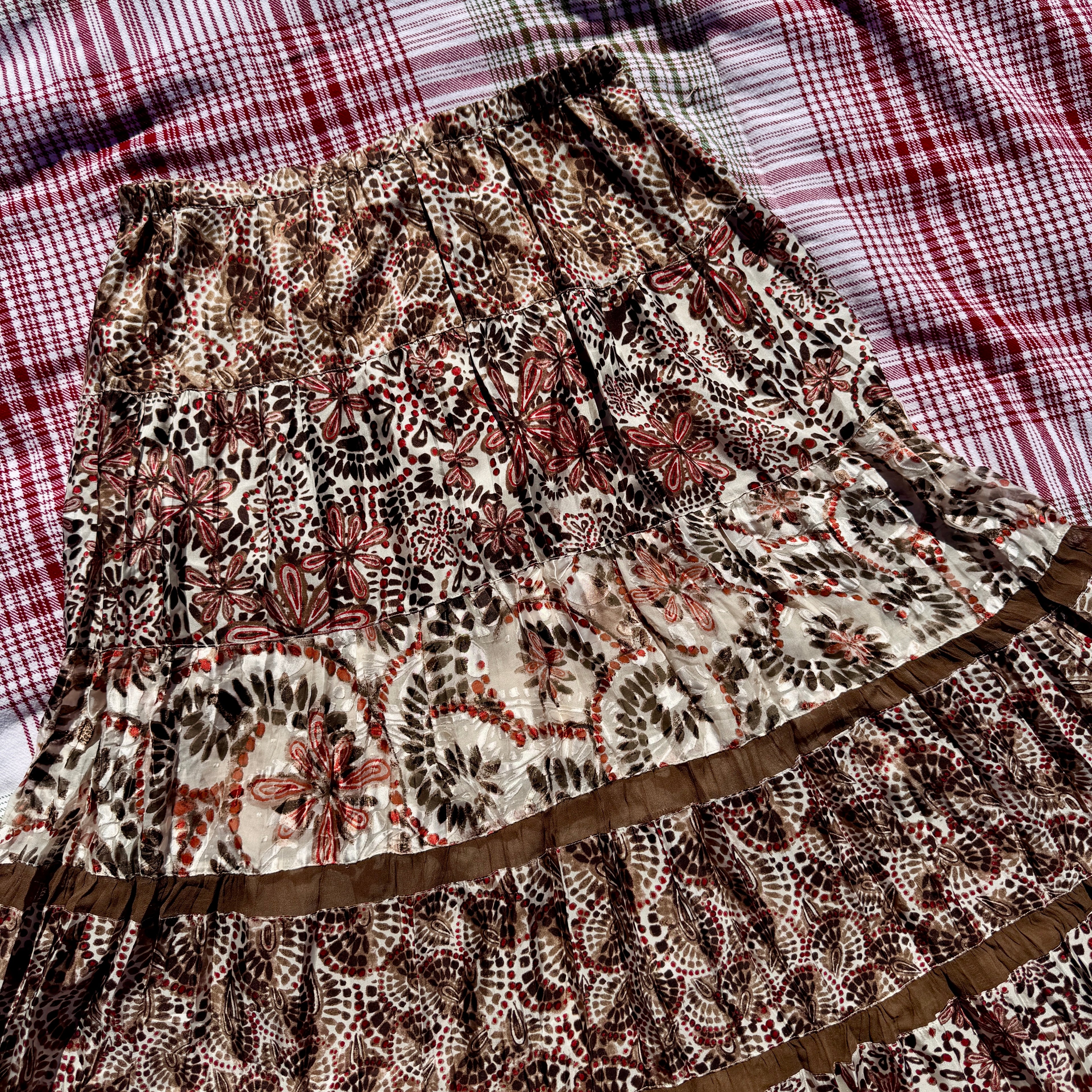 Y2K Brown & Orange Silk Layered Chicos Maxi Skirt