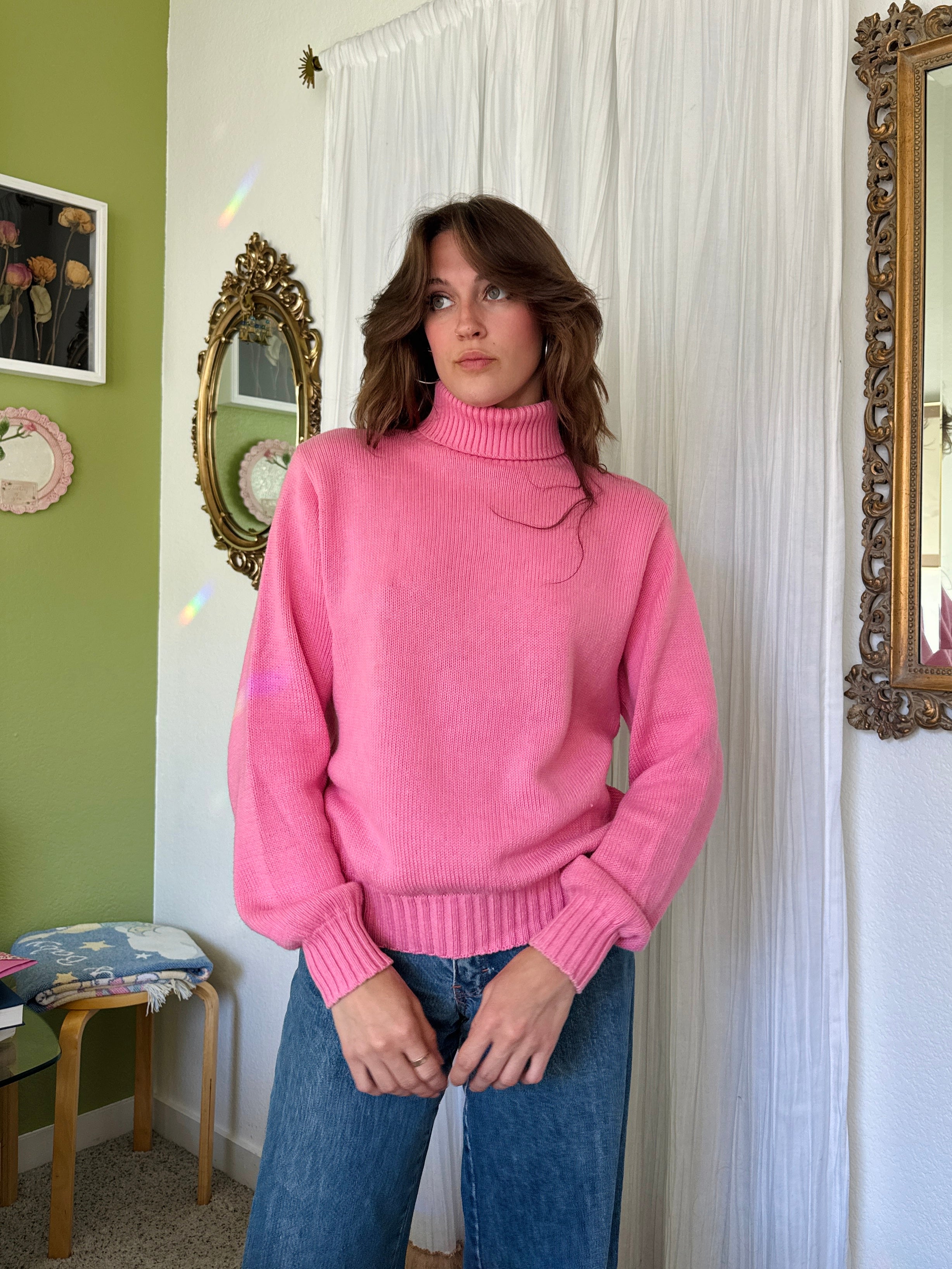 80s Barbie Pink Cotton Turtleneck Sweater