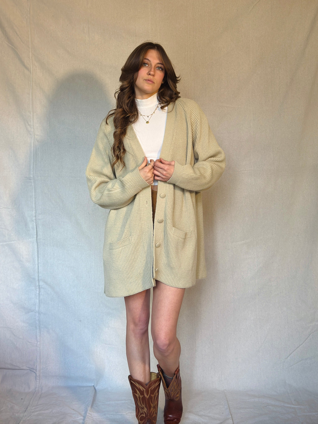Y2K Light Beige Preppy Ribbed Cardigan Sweater