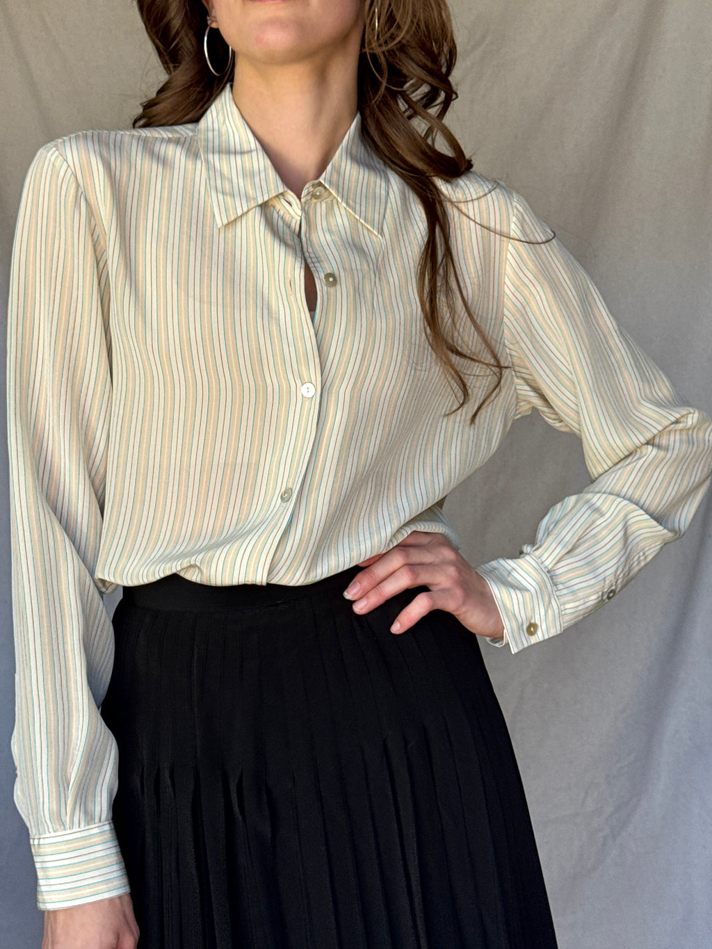 90s Cream Pinstriped Silk Button Up Shirt