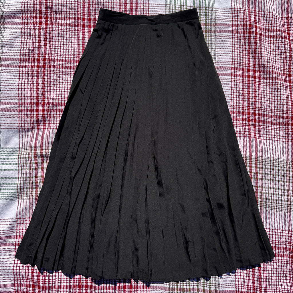 70s St. Martin Black Silk Pleated Midi Skirt