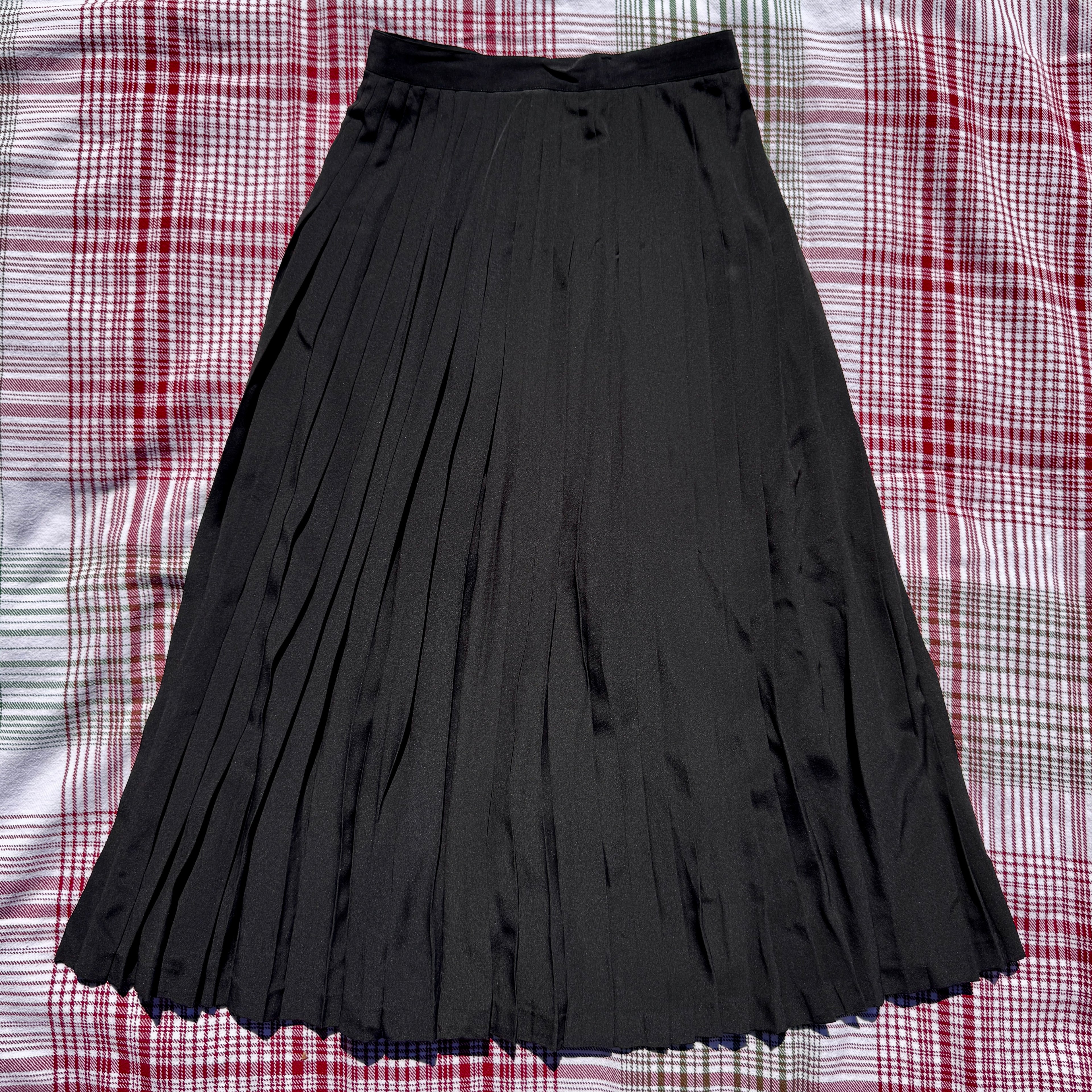 70s St. Martin Black Silk Pleated Midi Skirt