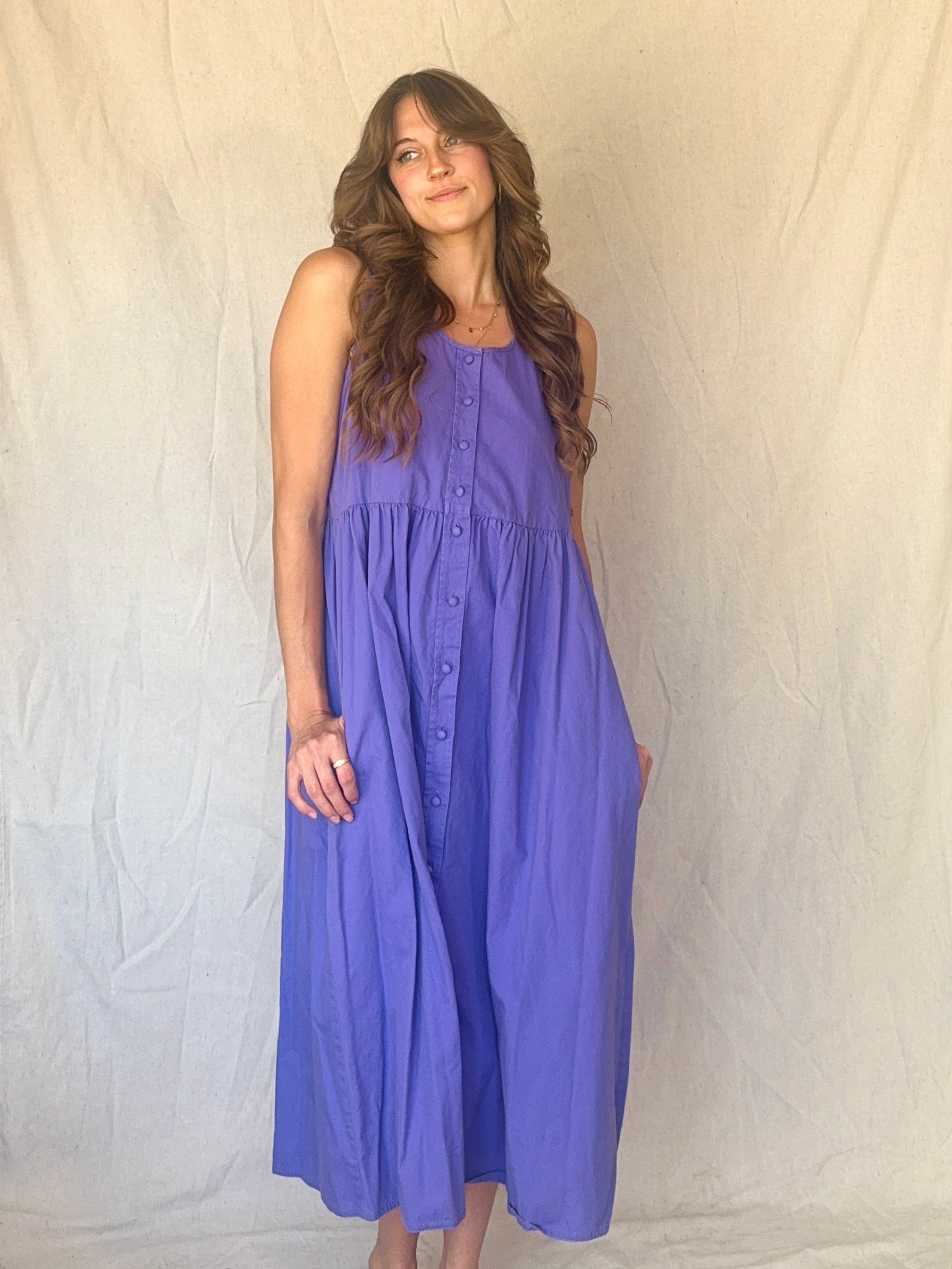 80s Periwinkle Purple Cotton Button Up Pinafore Jumper Dress