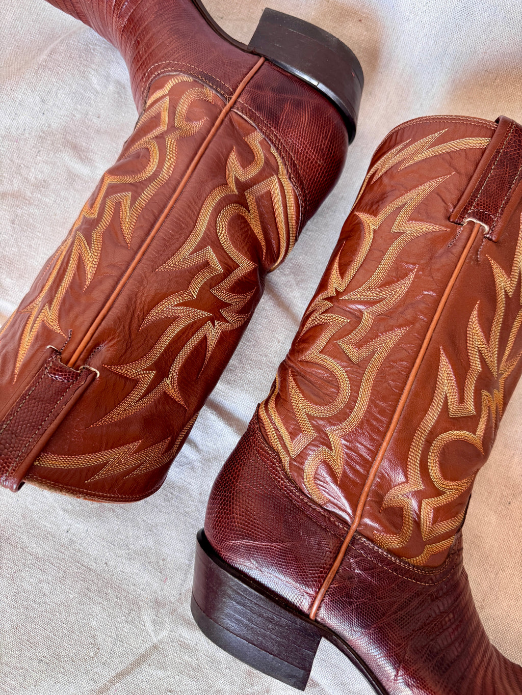 Vintage Brown Lizard Leather Stitched Tony Lama Cowboy Boots