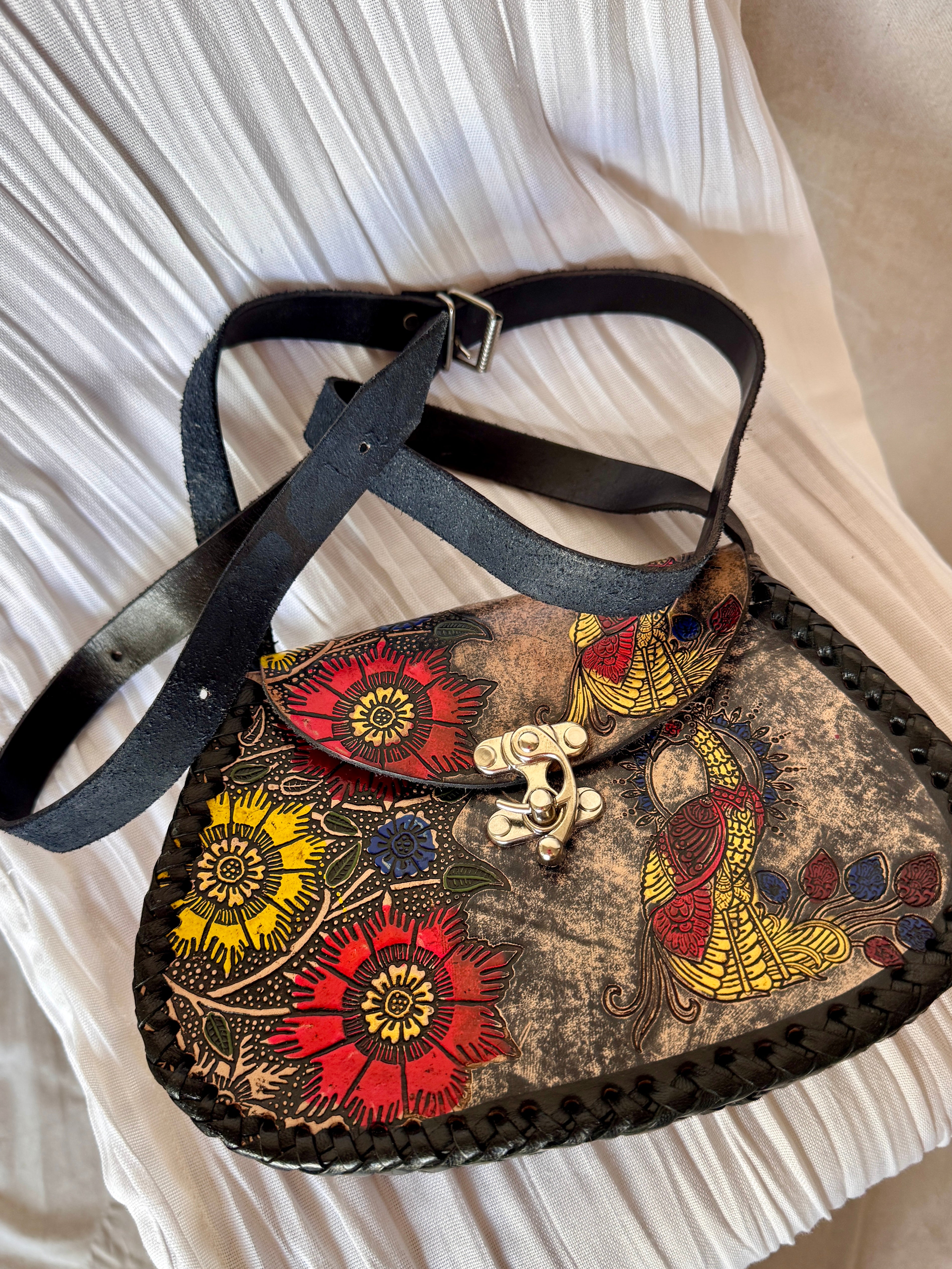 Black Leather Hand Tooled and Painted Peacock Flower Crossbody Bag