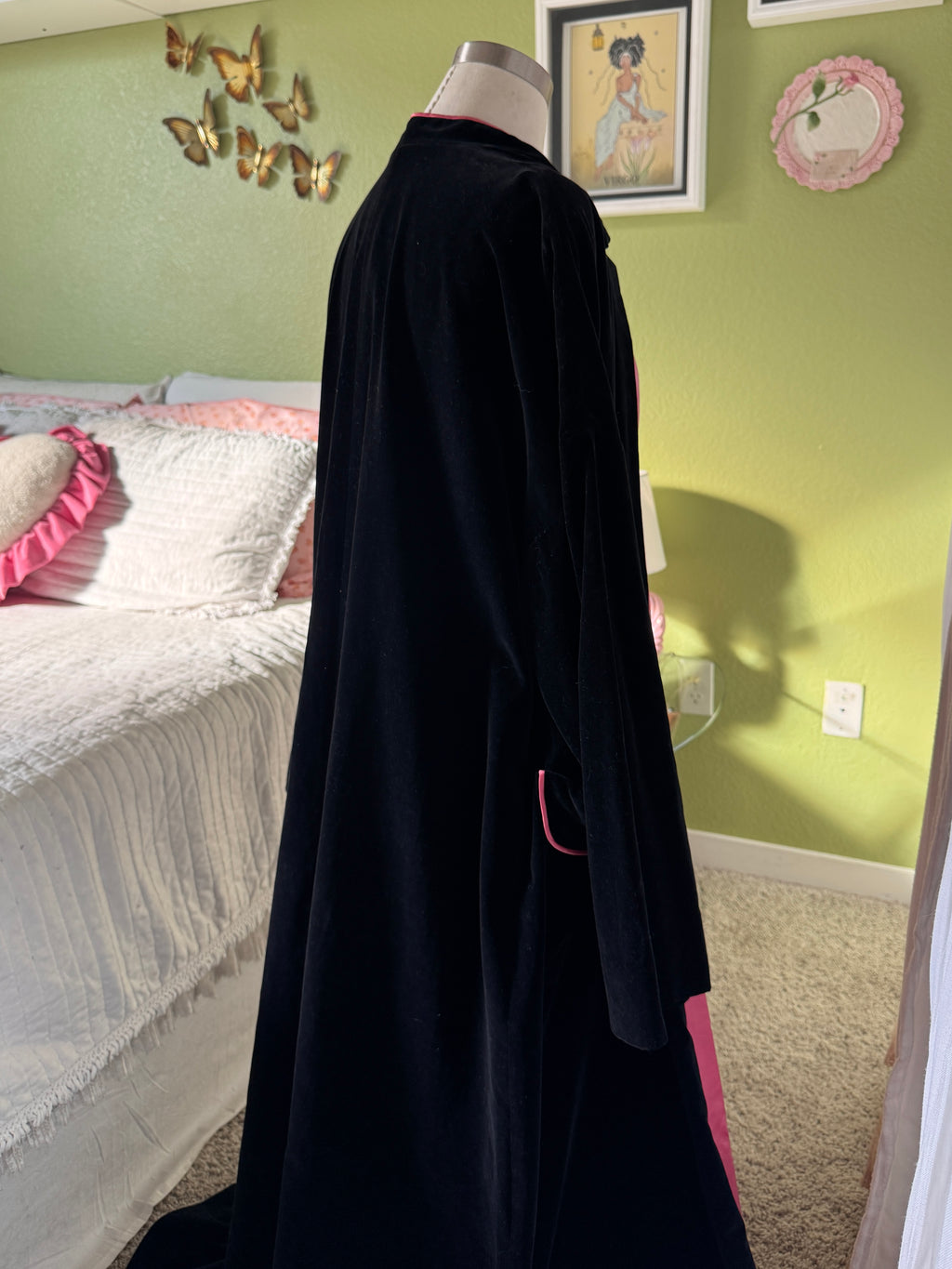 50s Black Velvet Pink Lined Smoking Jacket Duster Coat