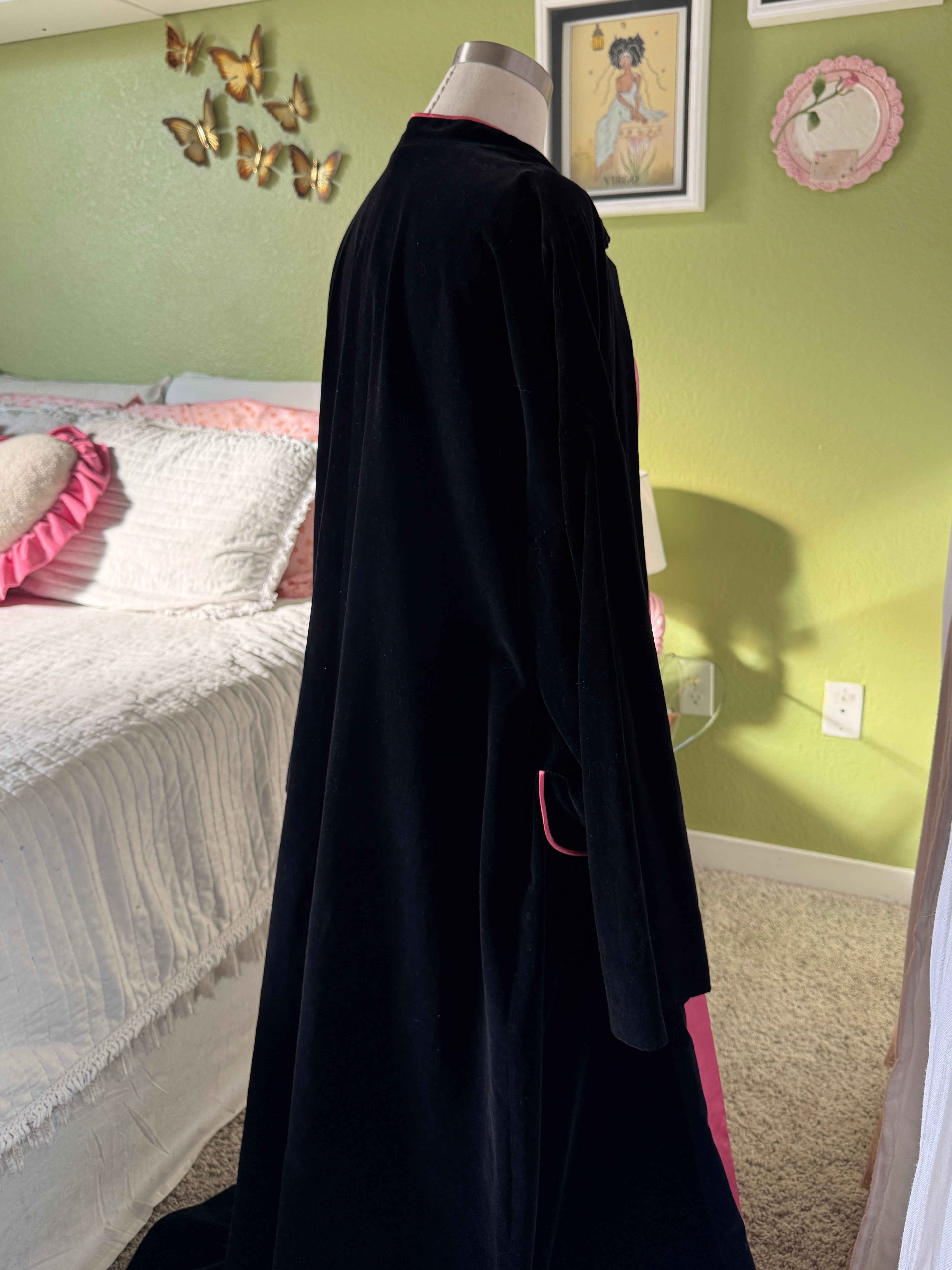 50s Black Velvet Pink Lined Smoking Jacket Duster Coat