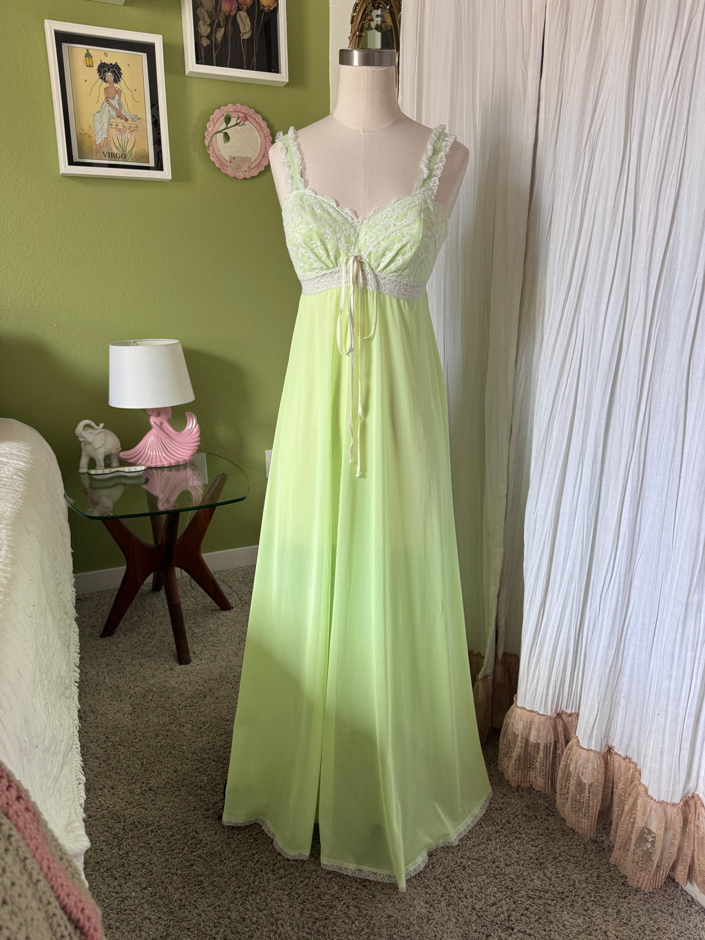 60s/70s Key Lime Green Nylon Lace Neglige Slip Dress