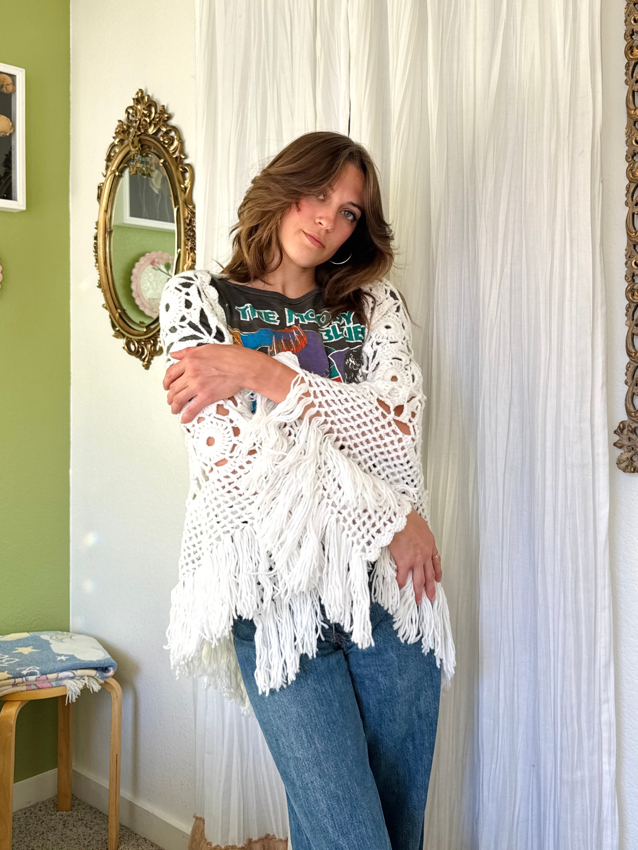Vintage White Fringe Crochet Cottagecore Shawl