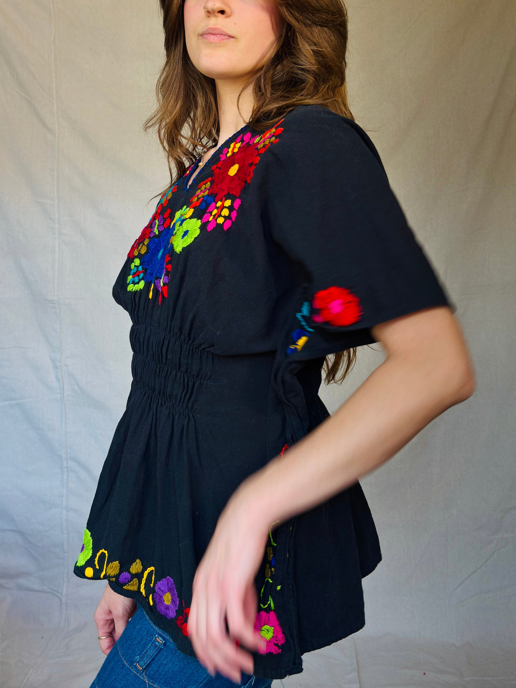 Black Hand Embroidered Babydoll Blouse