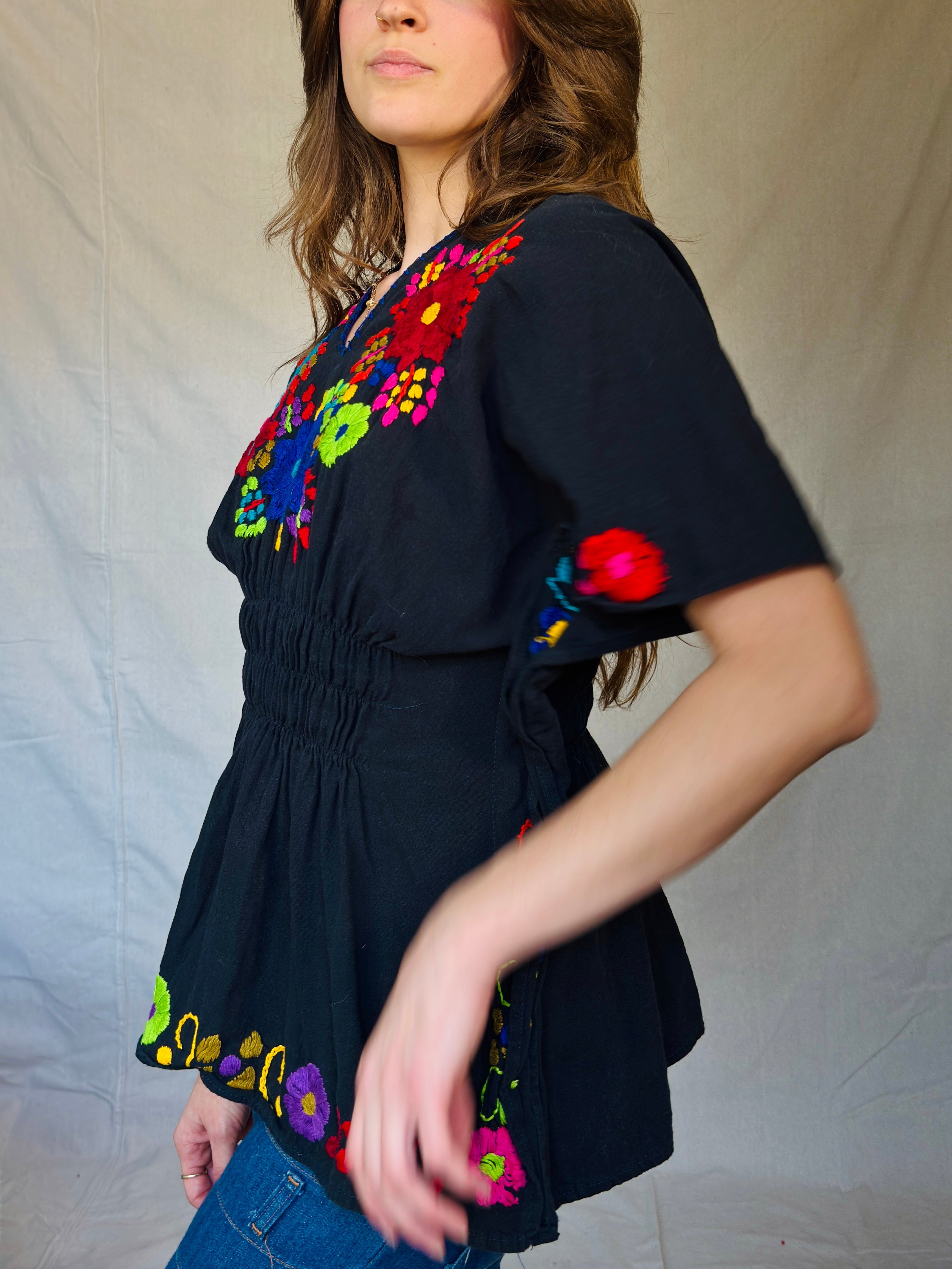 Black Hand Embroidered Peasant Blouse