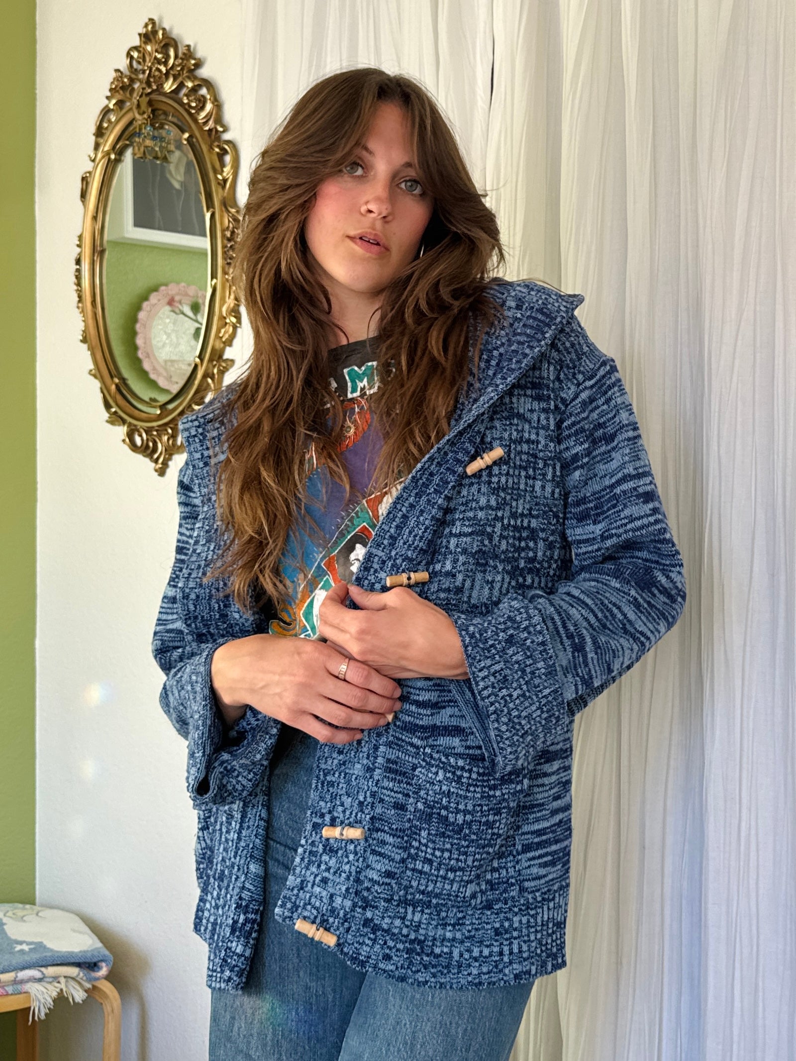 70s Blue Space Dye Hooded Toggle Sweater