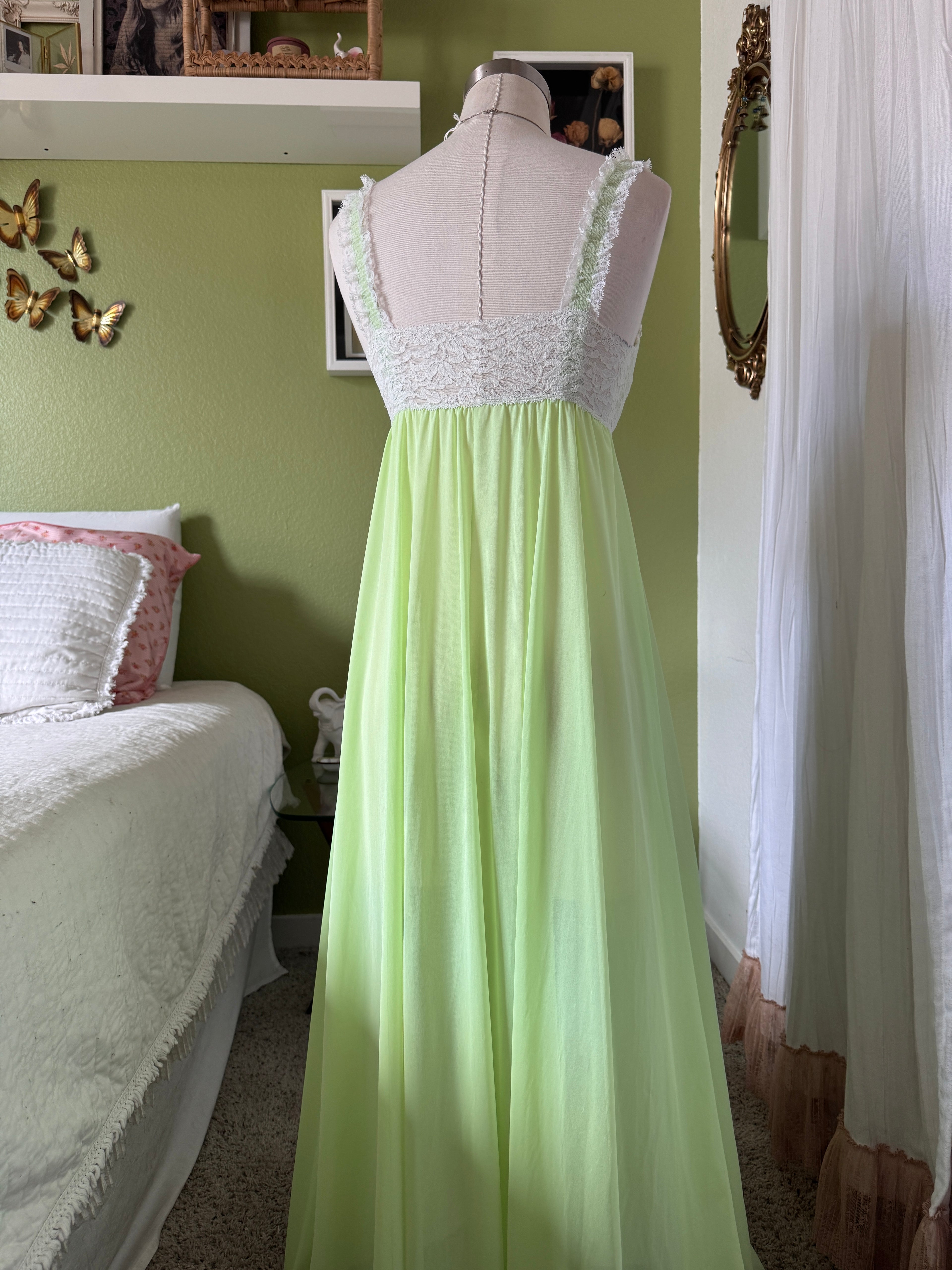 60s/70s Key Lime Green Nylon Lace Neglige Slip Dress