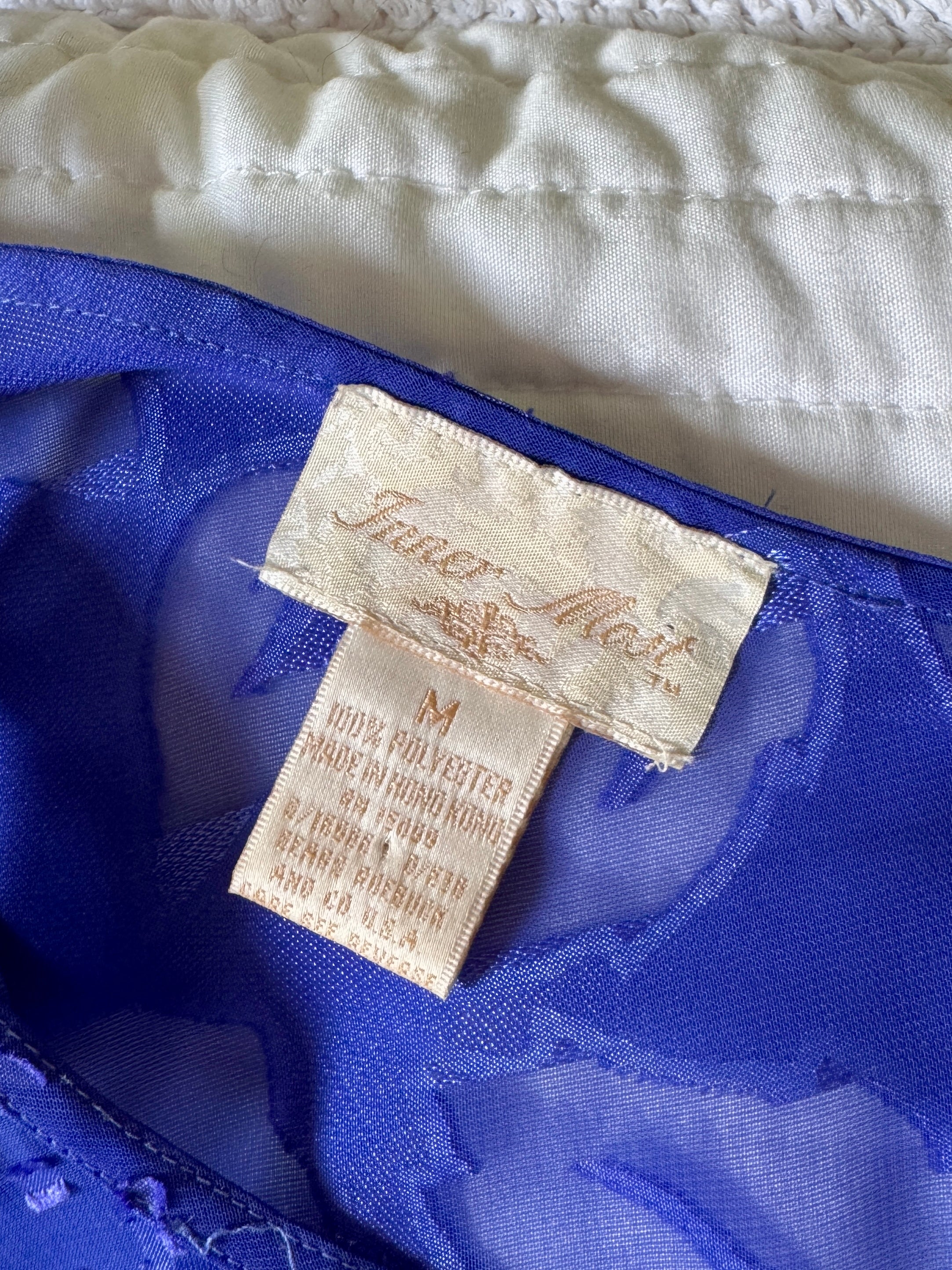 80s Indigo Blue Sheer Floral Pattern Satin Slip Dress