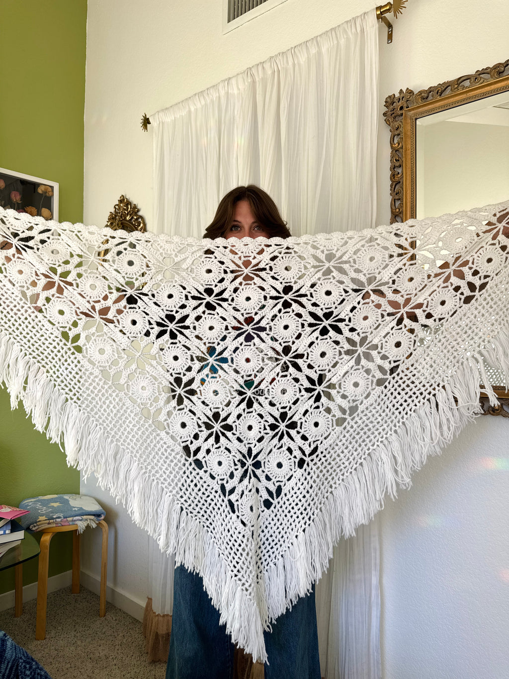Vintage White Fringe Crochet Cottagecore Shawl