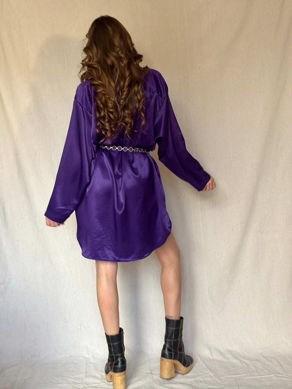 90s Purple Satin Button Up Dress