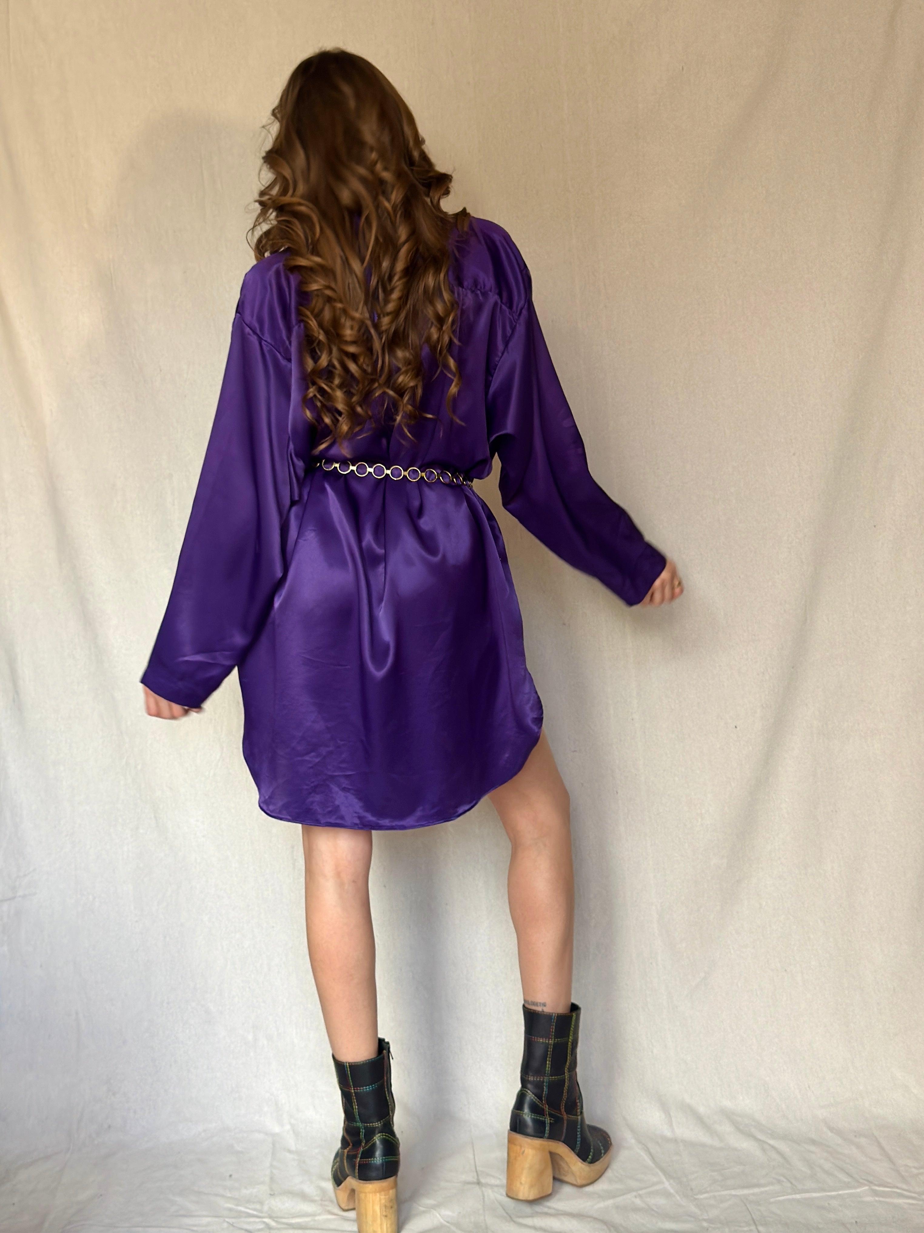90s Purple Satin Button Up Dress